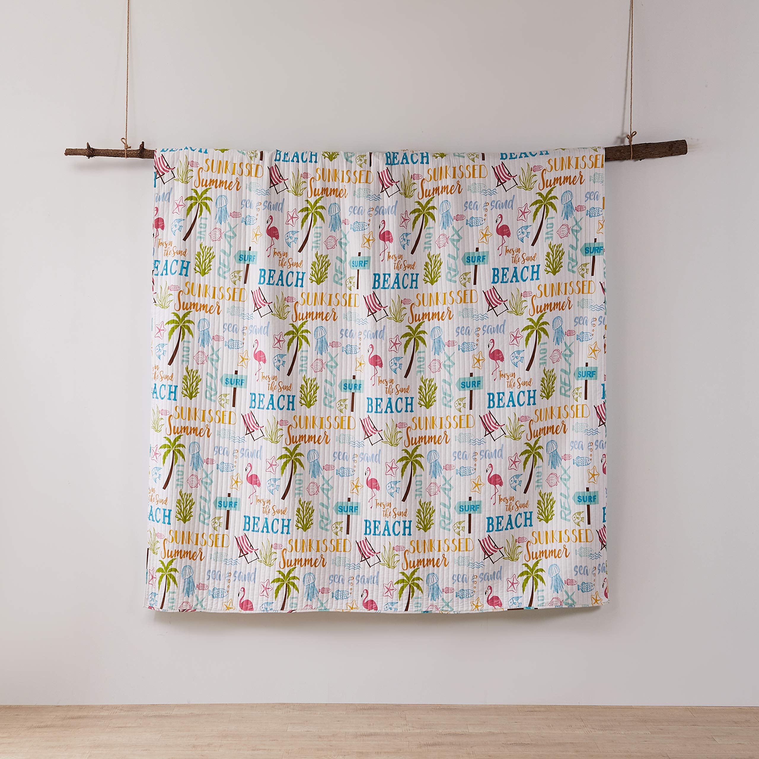 Levtex Home King Size Beach Days Quilt Set - 106x92 Inch Reversible Coastal Quilt with 2 Pillow Shams (36x20in) - Teal Blue, Yellow, Green, Brown & Pink Cotton Bedding - Perfect for Beach House, Coastal Decor & Summer Bedroom Styling