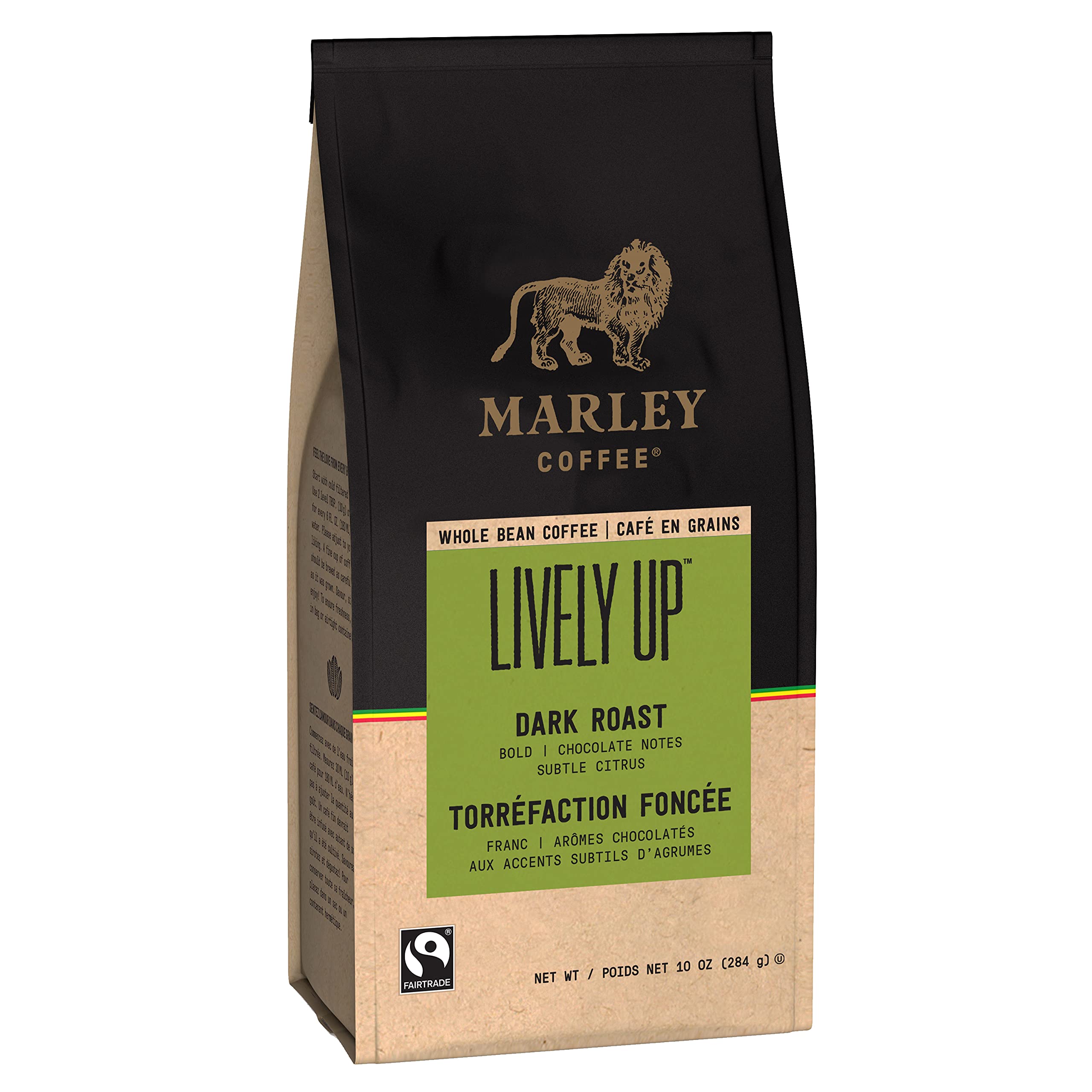 Marley Coffee Lively Up Whole Bean Dark Roast Coffee - 10oz Bag | Premium Organic Coffee Beans for French Press, Drip & Espresso | Perfect for Morning Brew & Gifts