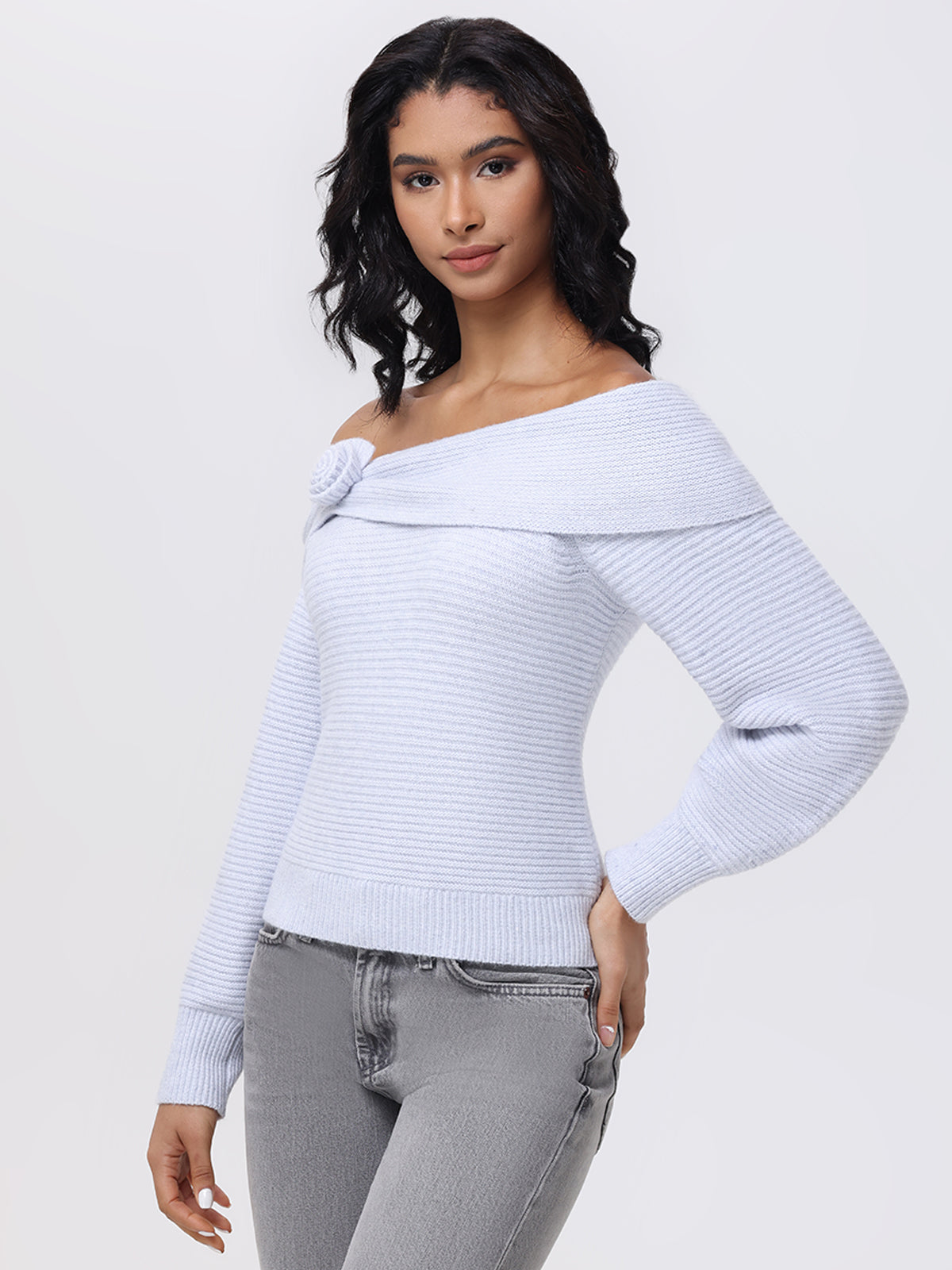 Elizabeth Off The Shoulder Rosette Sweater - Women's Elegant Knit Pullover for Date Night & Fall Fashion
