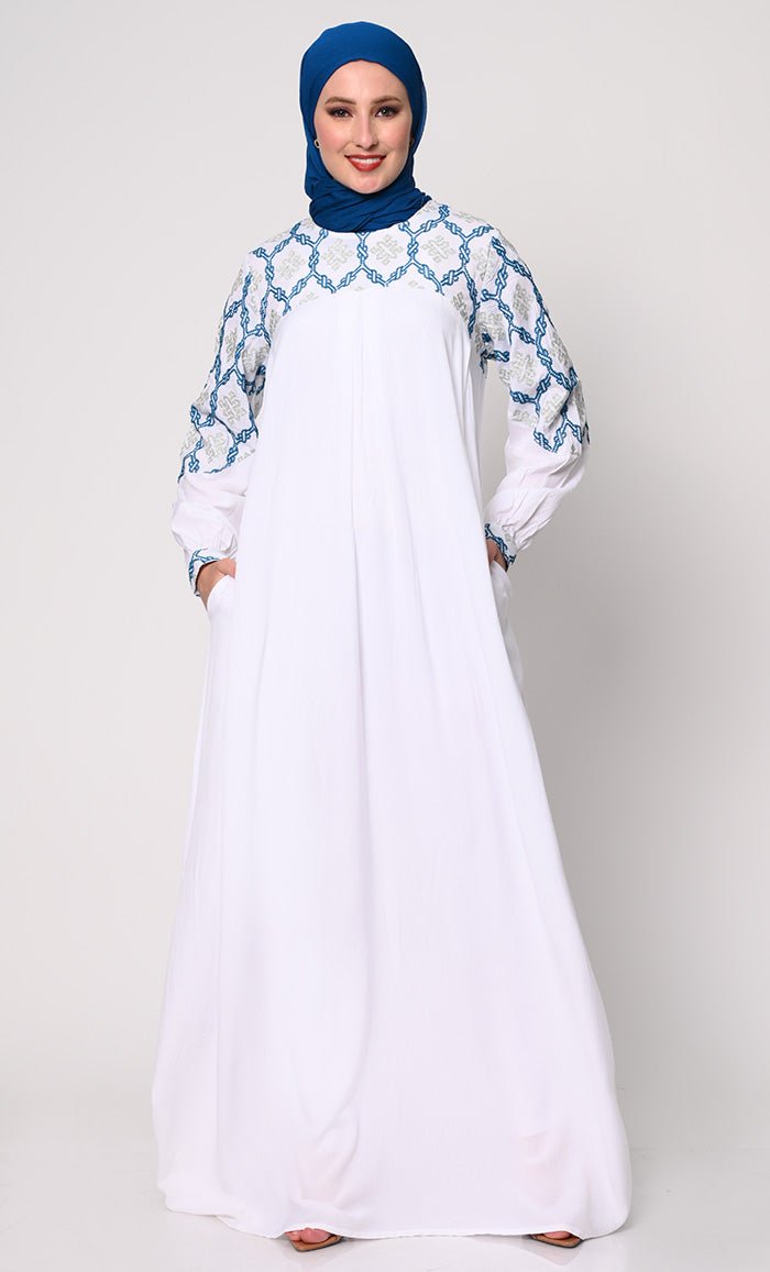 Elegant Embroidered White Abaya with Box Pleats & Dual Pockets - Modest Islamic Dress for Women, Perfect for Prayer, Eid, and Special Occasions