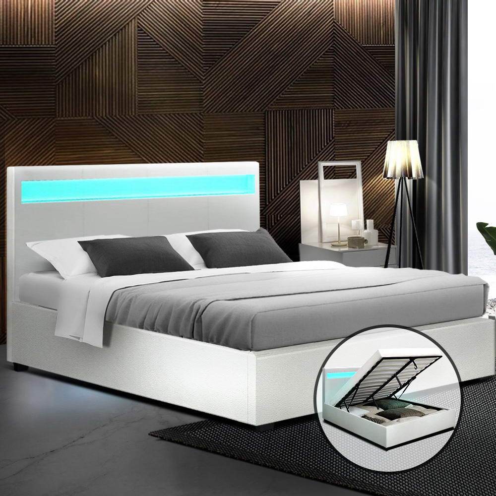 Wanda LED Bed Frame with Normay Series Pillow Top Mattress - Medium Firm Queen Size, White & Gray Double Package | Perfect for Modern Bedrooms, Guest Rooms & Airbnb Rentals