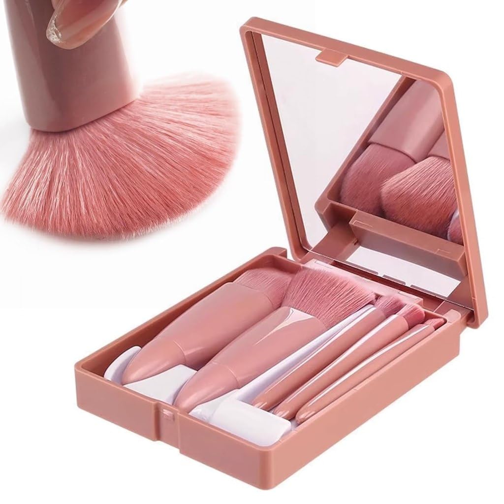 KS ENTERPRISE Travel Size 5-Piece Mini Makeup Brush Set with Mirror | Portable Cosmetic Brush Kit for Foundation, Powder, Concealer, Eyeshadow, Blush & Lip Gloss | Perfect for Travel, On-the-Go Touch Ups & Makeup Beginners
