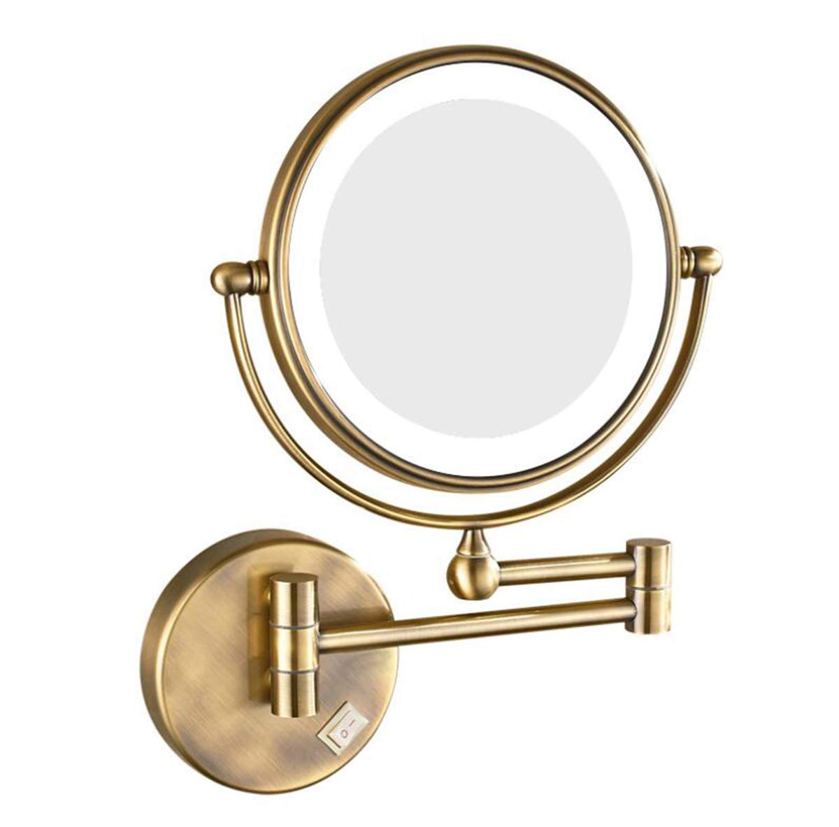 BYCDD 8 Inch LED Makeup Mirror with 10X Magnification - Double Sided Wall Mounted Vanity Mirror, 360° Swivel & Extendable Design, Copper Frame for Bathroom, Bedroom, and Dressing Room Makeup Application