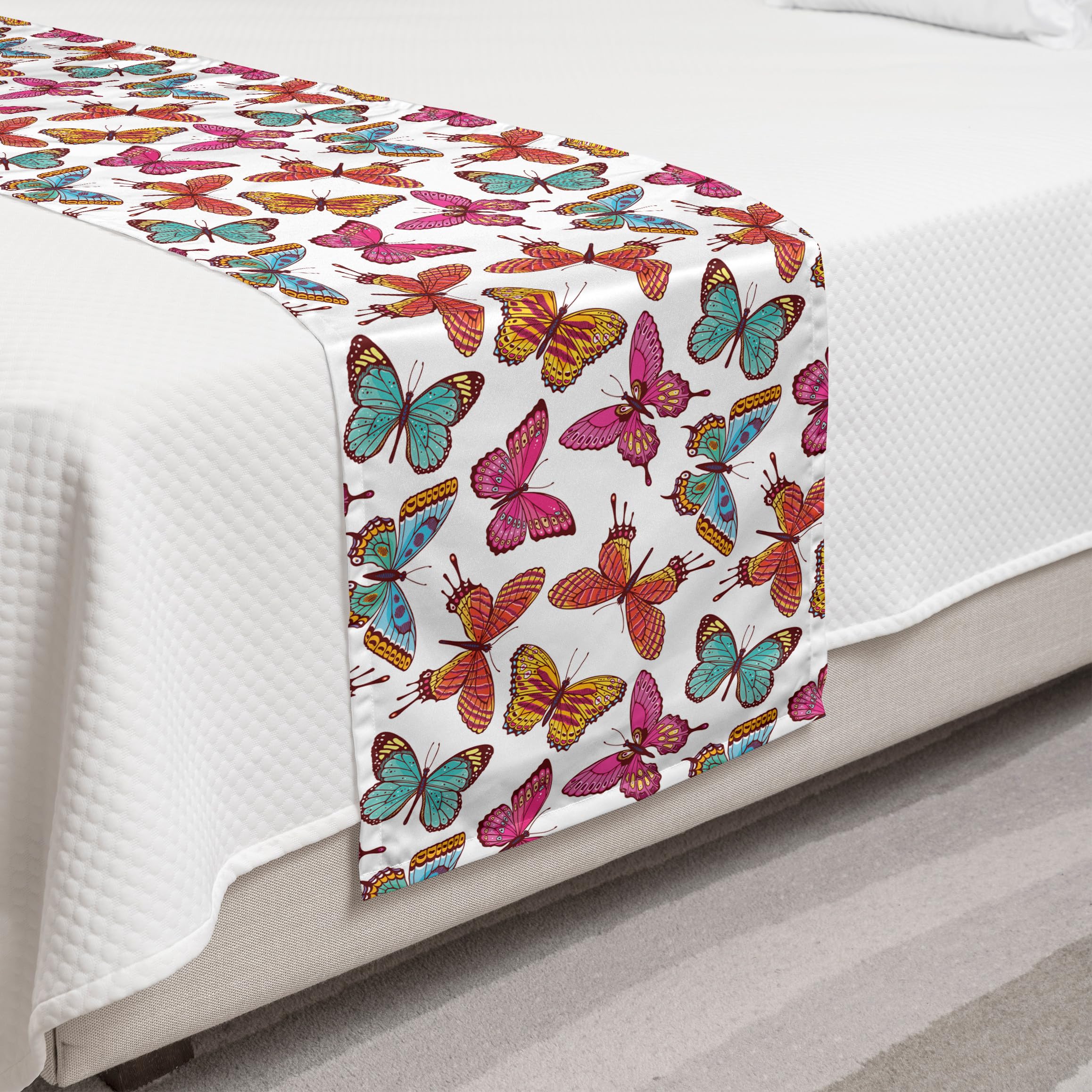 Ambesonne Butterflies Bed Runner - Colorful Summer Wings Design, Decorative Bed Scarf for Twin Beds | Perfect for Hotels, Homes & Guestrooms | Adds Elegance to Bedroom Decor