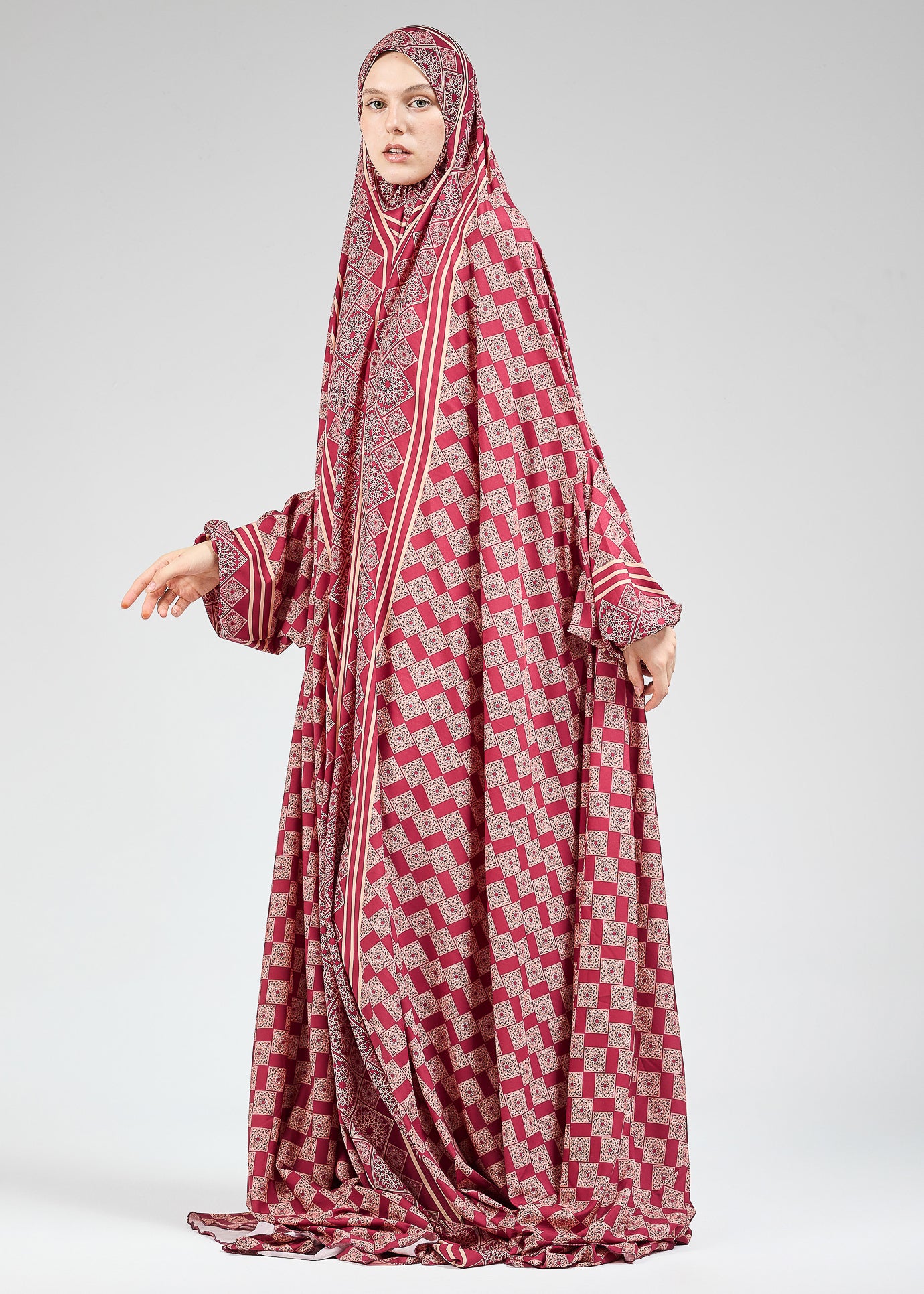 Basira Satin Prayer Gown with Geometric Floral Print - Modest Islamic Dress for Hijab Wearers - Perfect for Salah, Eid, and Special Occasions