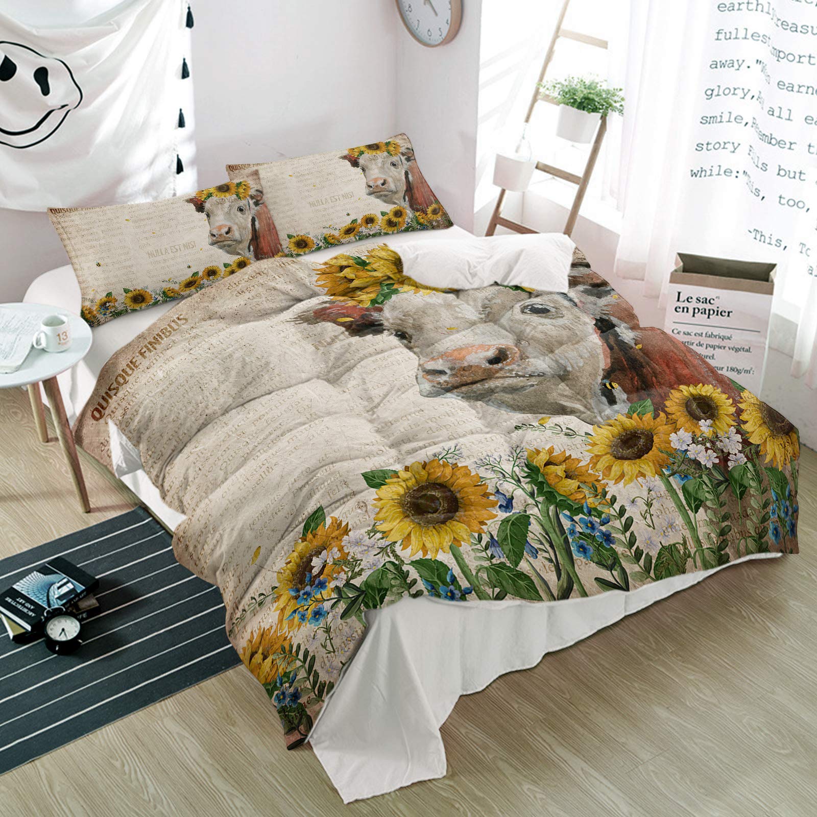 3-Piece Sunflower Farm Cow Print Bedding Set - Ultra Soft Breathable Duvet Cover & Pillow Shams with Vintage Newspaper Design, King Size for Bedroom, Hotel, Dormitory | Perfect for Farmhouse Decor & Cozy Home Styling