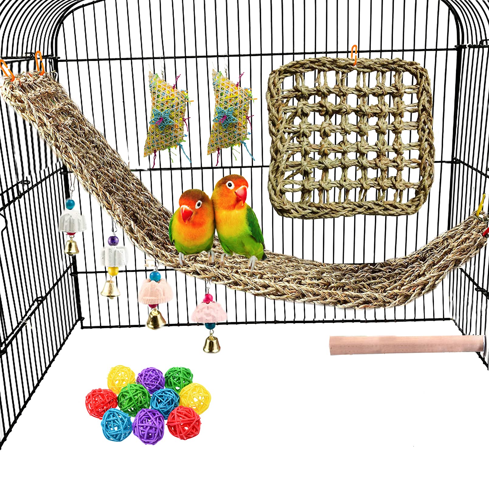 Premium Parrot Foraging Wall Toy - Natural Seagrass Climbing Mat & Hammock with Chew Balls (29.5