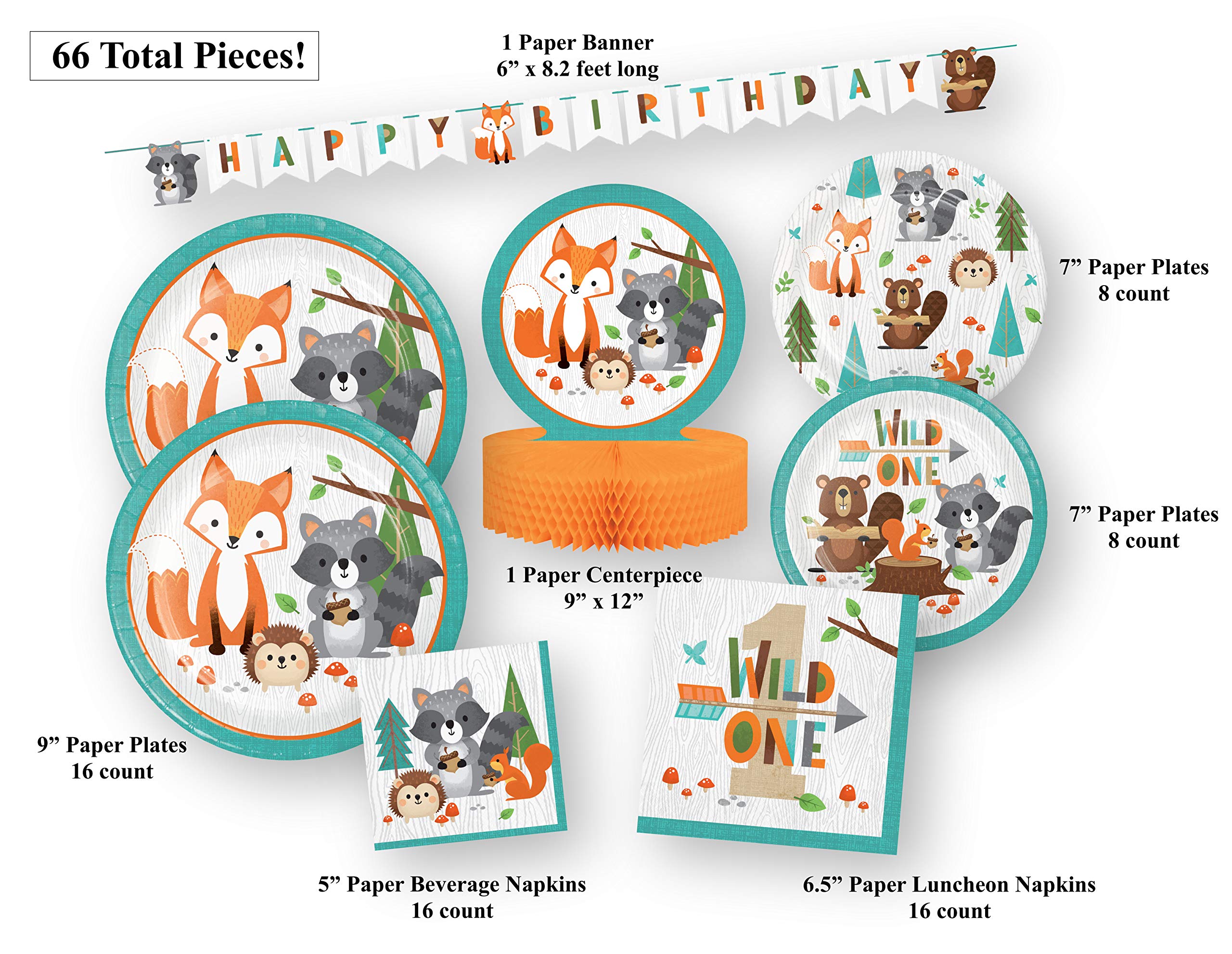 Woodland Party Supplies Set - Forest Animal Birthday Banner, Wild One Themed Decor, First Birthday Party Kit with Paper Plates, Napkins & Table Centerpiece (66 Count) - Perfect for Baby Showers, Kids Birthday Parties & Outdoor Celebrations