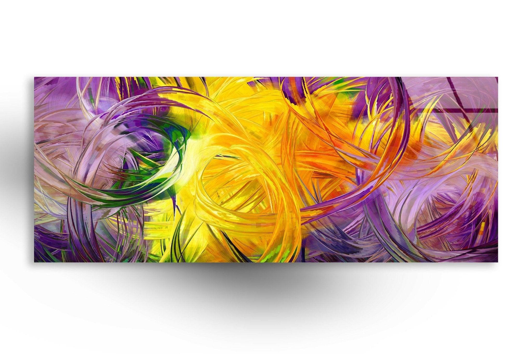 Abstract Art Yellow Fractal Glass Wall Decor - Modern Geometric Artwork for Living Room, Bedroom & Office Decor