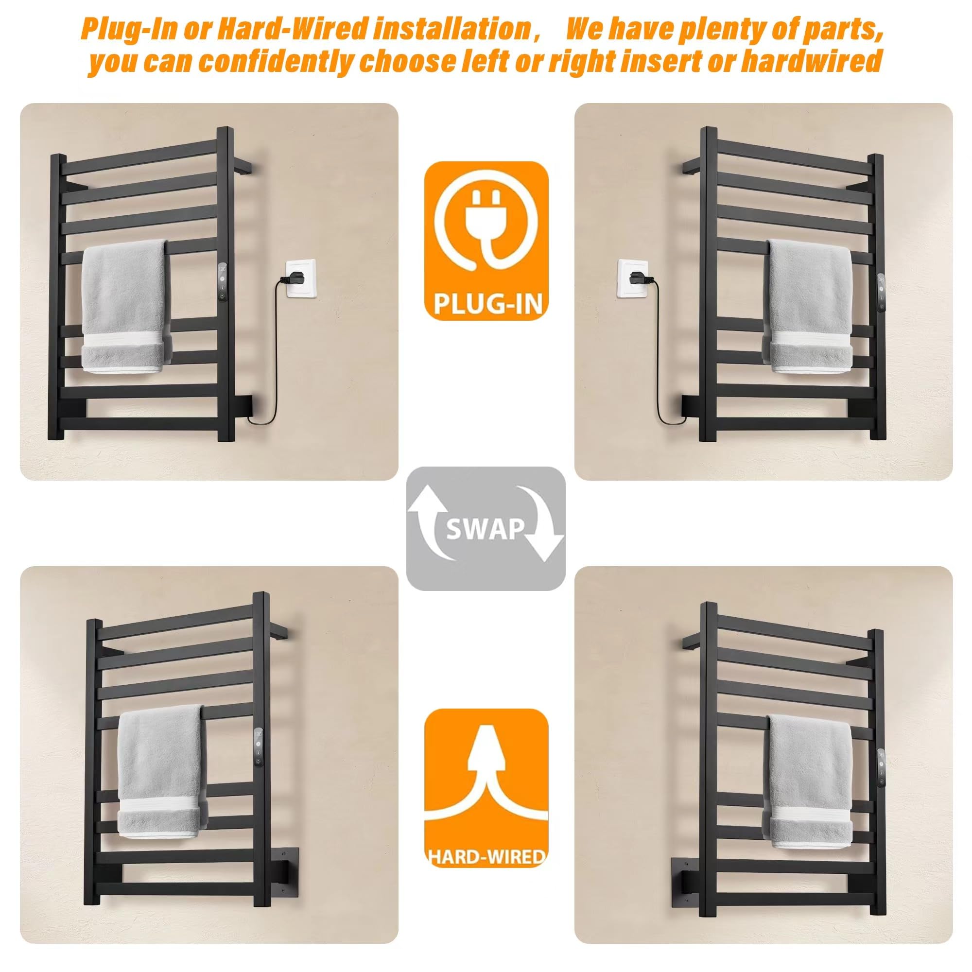 Premium Matte Black Heated Towel Rack - Wall Mounted Electric Towel Warmer & Dryer with Adjustable Temperature Control & 24H Timer - Perfect for Bathrooms, Spas, and Luxury Home Decor (Plug-in/Hardwired Options)