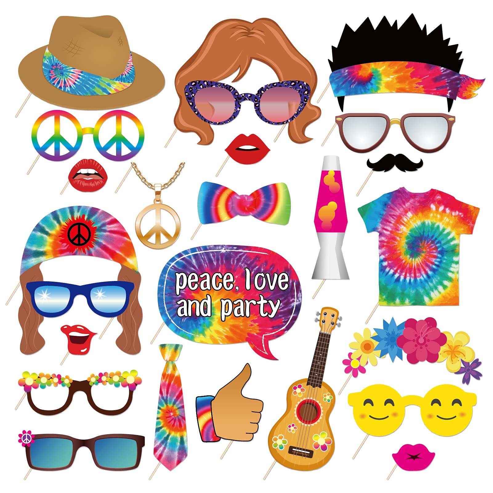 25Pcs Hippie Photo Booth Props with Sticks - 60s 70s Groovy Theme Selfie Accessories, Tie Dye Birthday Party Decorations, Peace Sign Backdrop for Hippie Themed Parties & Festivals