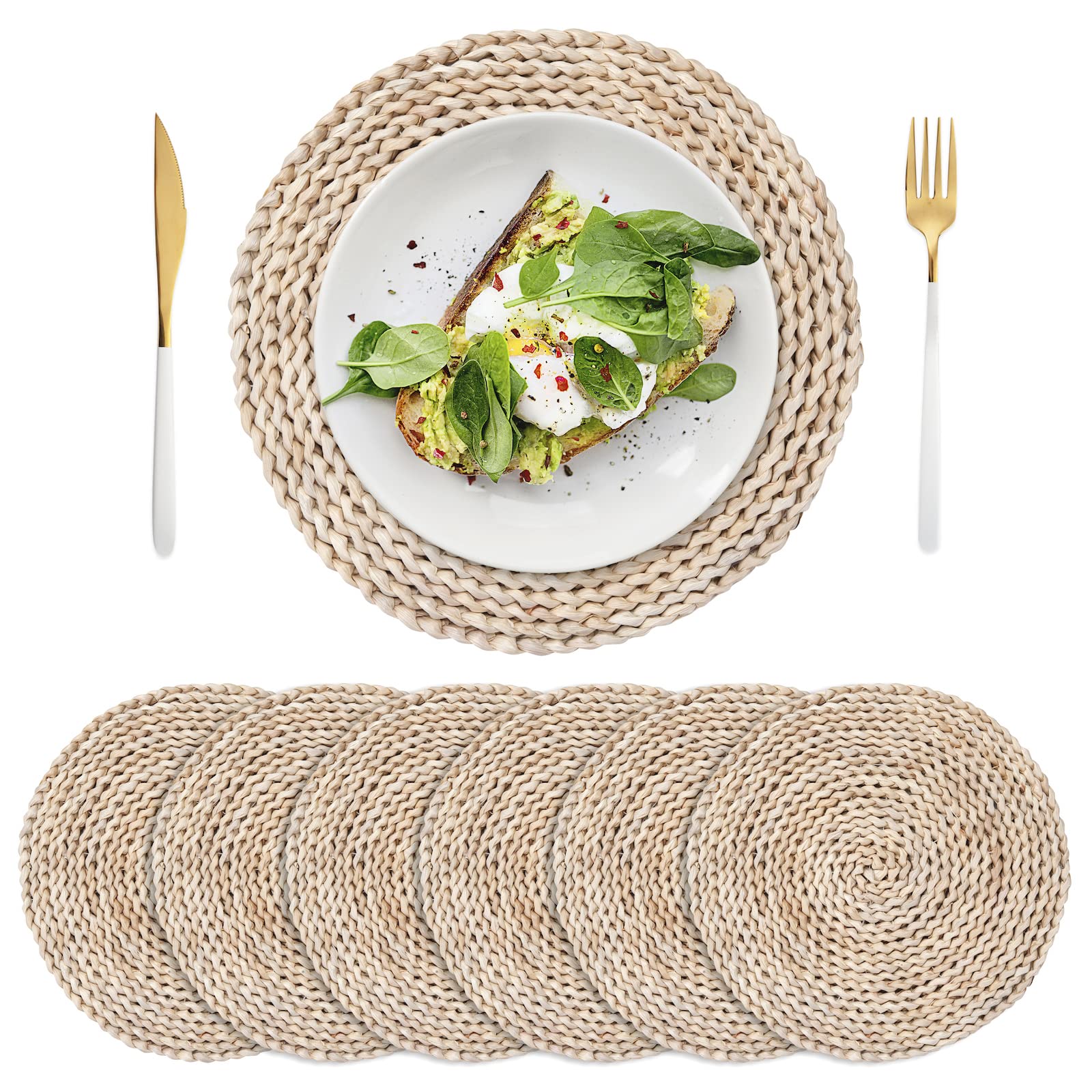 6 Pack Natural Corn Husk Woven Placemats - 11.8 Inch Round Braided Straw Table Mats for Dining, Kitchen, and Outdoor Picnic Use