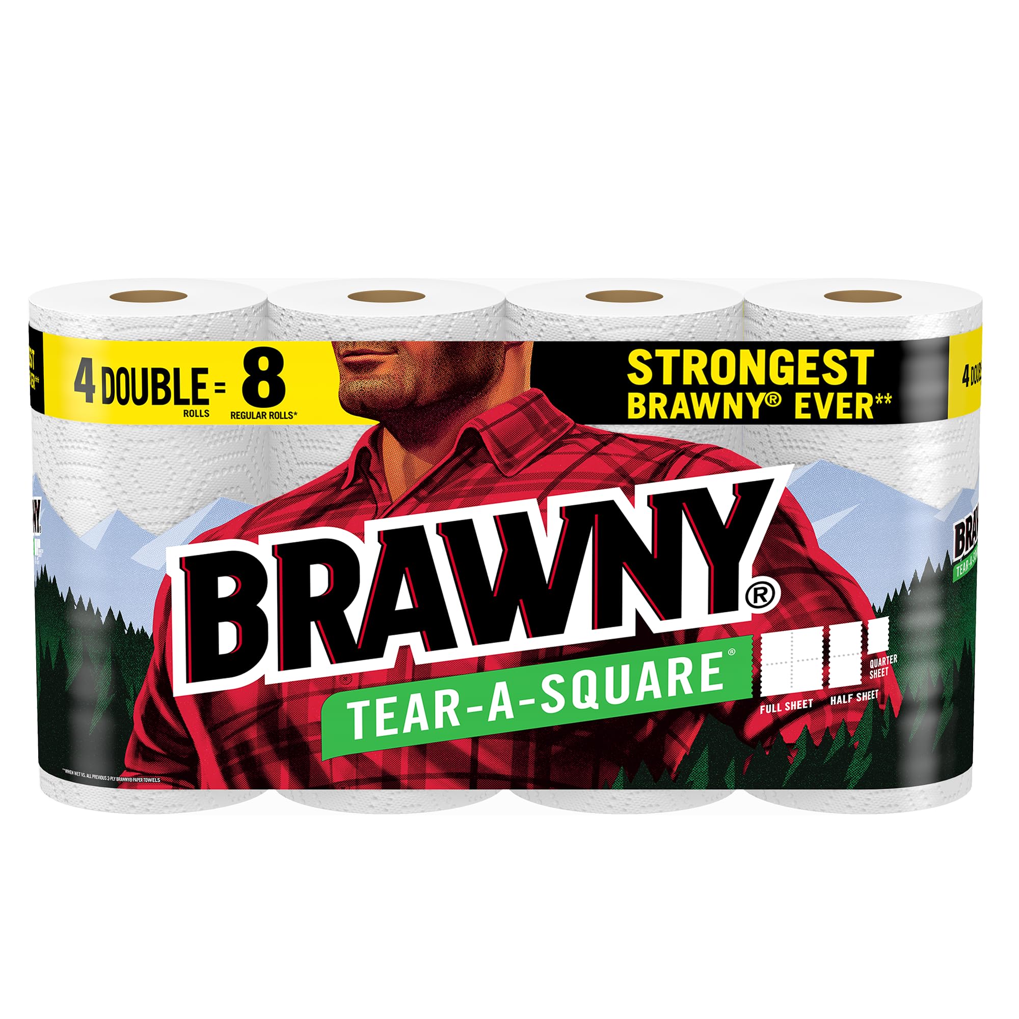 Brawny® Tear-A-Square® Paper Towels - 4 Double Rolls (Equivalent to 8 Regular Rolls) | Ultra-Absorbent, Strong & Durable | Perfect for Kitchen Cleaning, Spill Absorption & Household Use