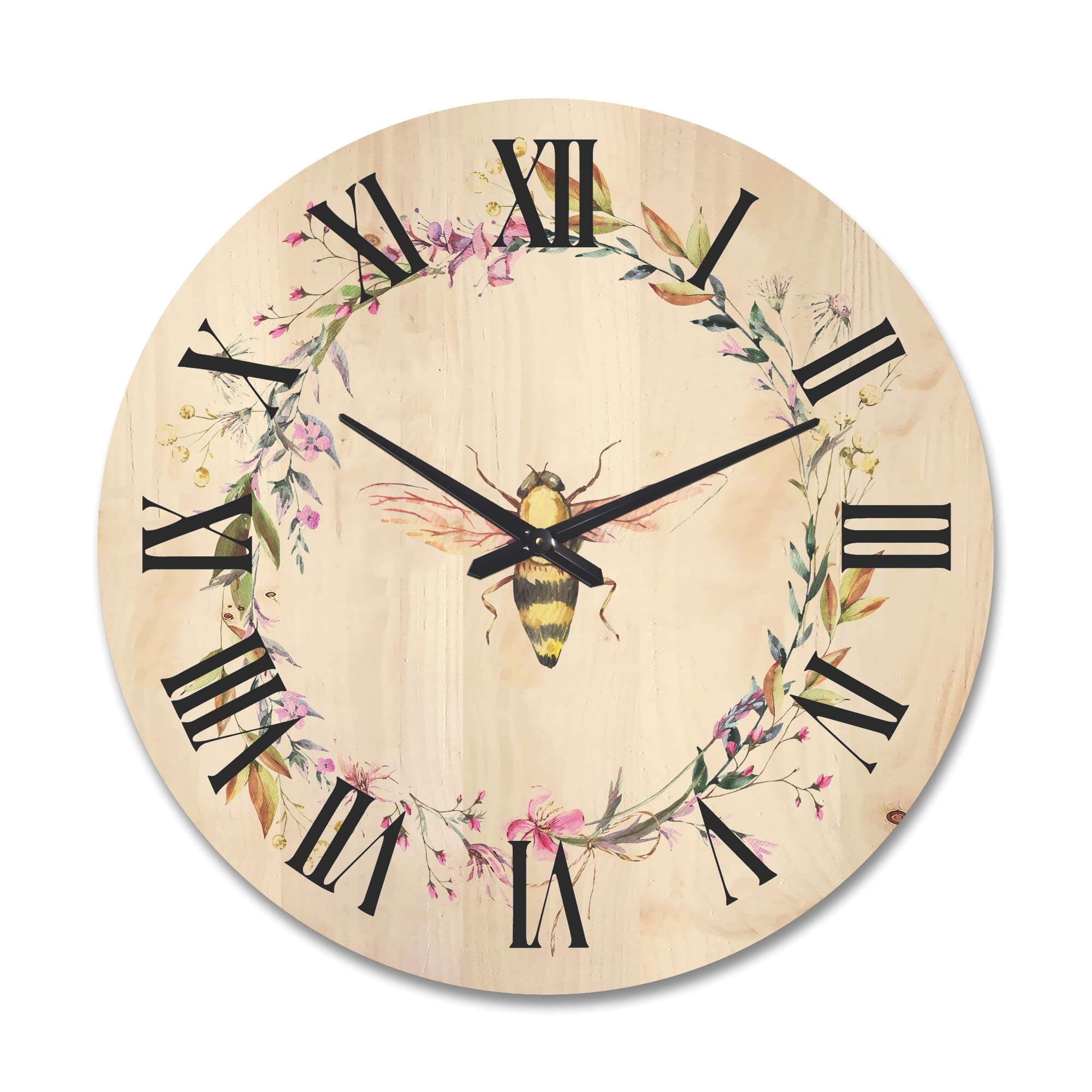 Farmhouse Wood Wall Clock with Wildflowers Wreath & Bee Design - Large Decorative Floral Botanical Wall Clock for Living Room, Kitchen, Bedroom Décor - Rustic Home & Office Wall Art