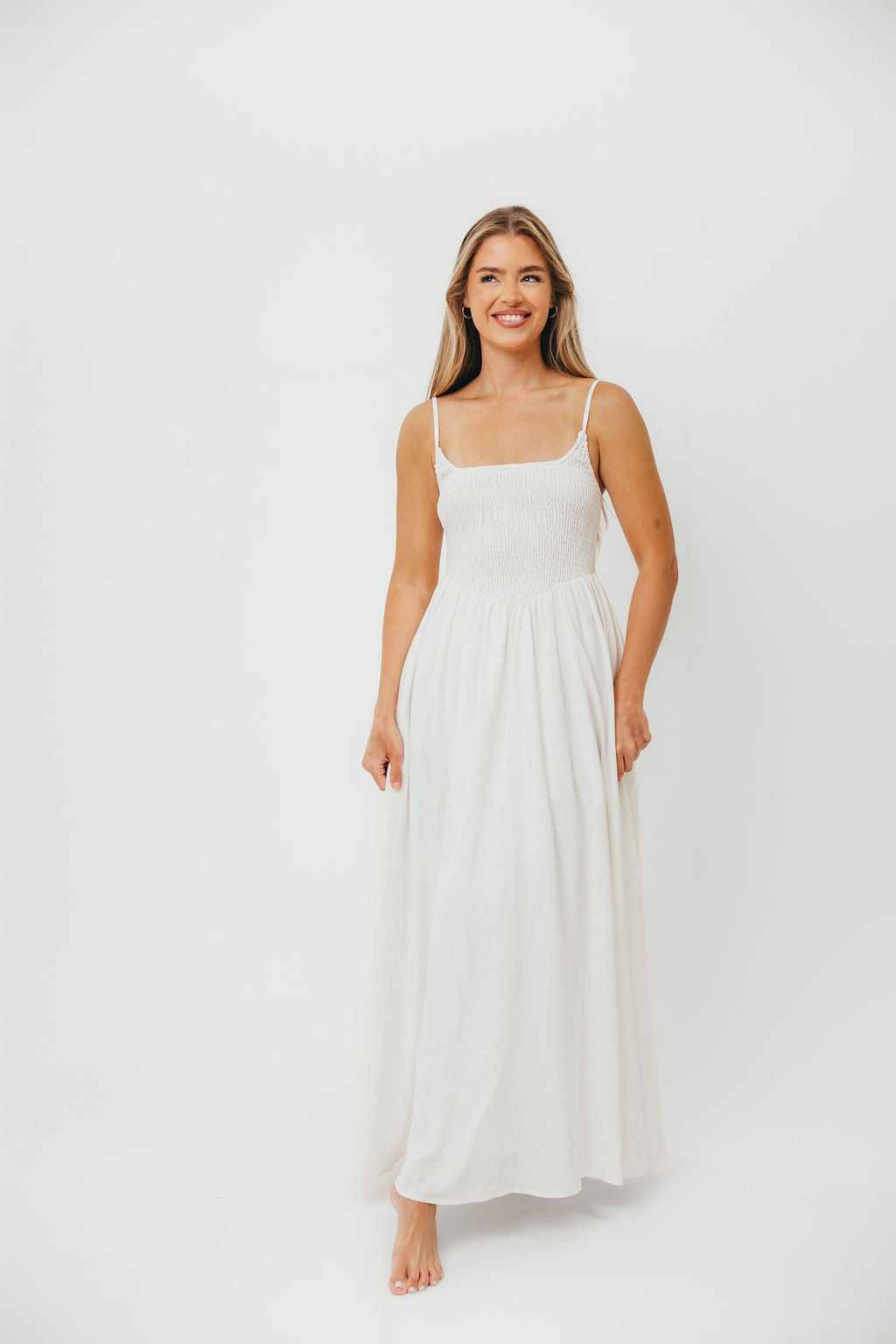 Josefina Off White Smocked Maxi Dress for Women - Elegant Summer Beach Wedding Party Dress