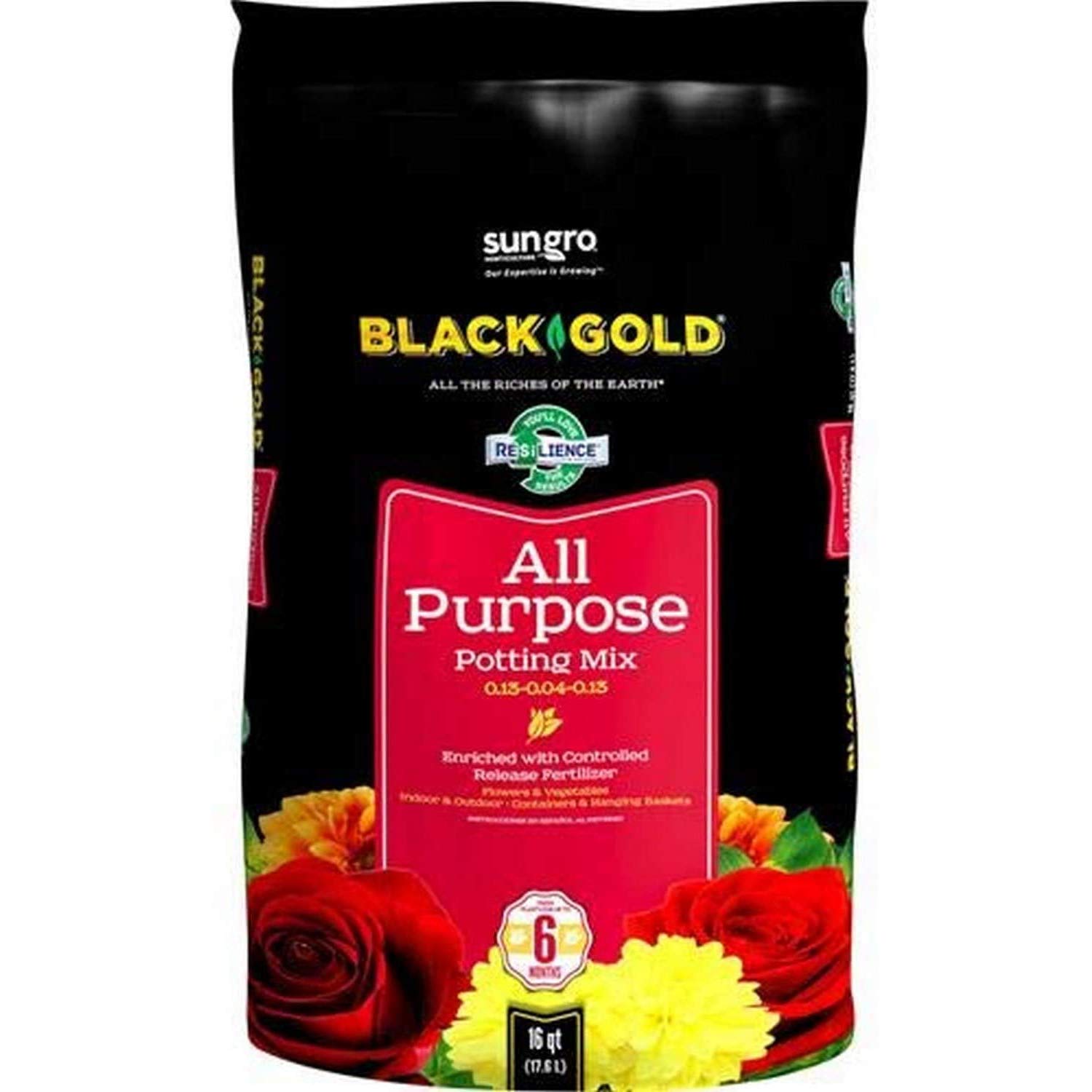 Premium SunGro Black Gold All Purpose Potting Soil Mix - Nutrient-Rich Fertilizer for Indoor Plants, Vegetables, Herbs & Flowers | 16 Quart Bag (6 Pack) | Ideal for Container Gardening, Raised Beds & Houseplant Care