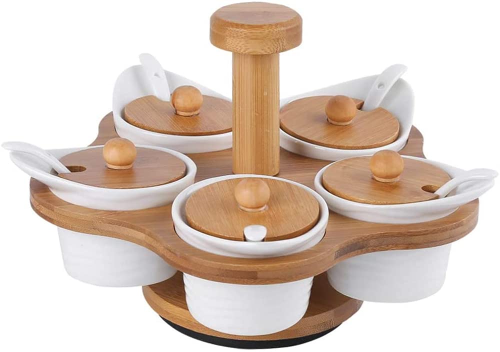 XD Designs 5-Piece Spice Jar Set with Wooden Rack - 360° Rotatable Ceramic Spice Containers with Serving Spoons - Sugar, Salt & Seasoning Storage - Perfect for Kitchen Countertop & Pantry Organization