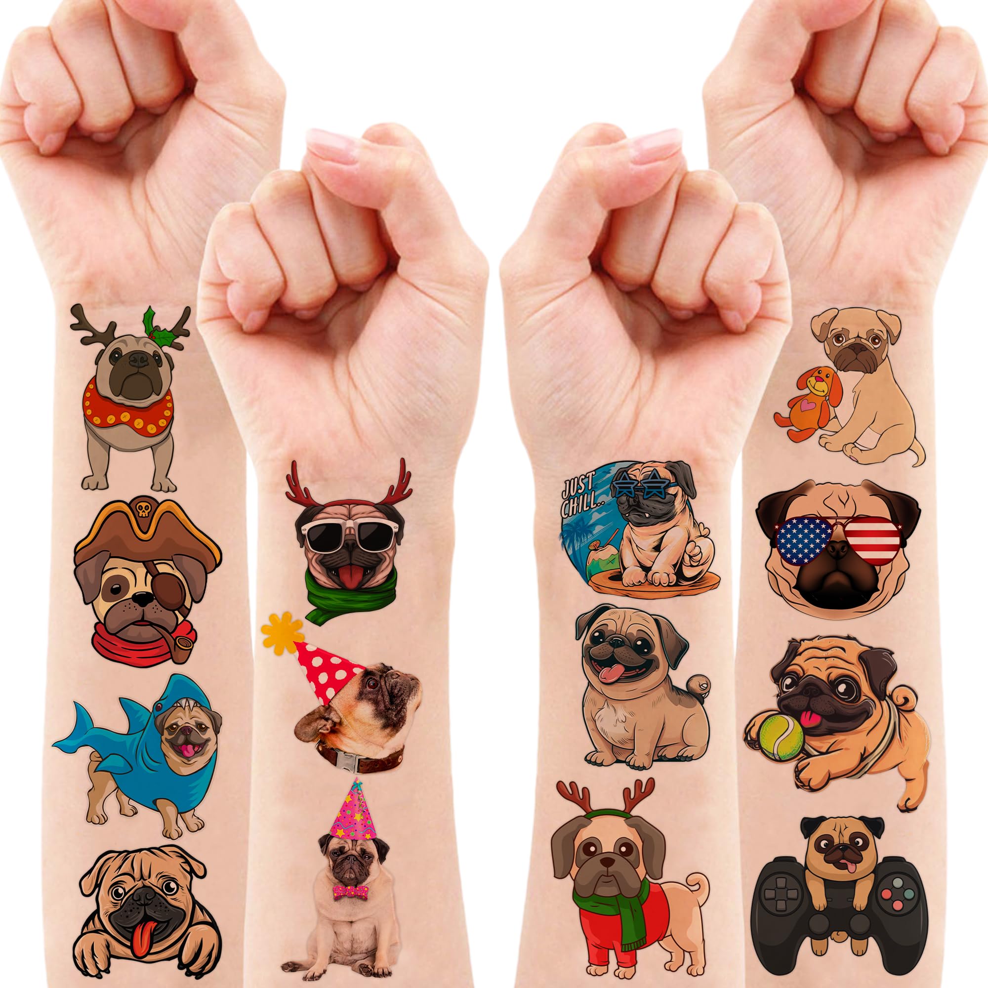 86 PCS Pug Temporary Tattoos - Cute Dog Puppy Stickers for Kids Birthday Party Decorations, School Prizes & Rewards | Fun Favors for Girls, Boys & Dog Lovers | Perfect for Themed Parties, Classroom Incentives & DIY Crafts
