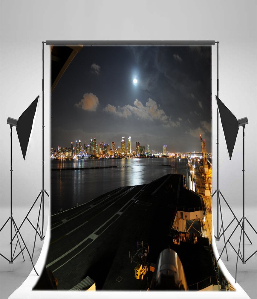 AOFOTO 5x7ft Urban City Nightscape Photography Backdrop - Artistic River Wharf Dock Moonlight Sky Vinyl Background for Portrait Studio, Kids, Boys, Girls & Adults - Perfect for Photo Shoots, Birthday Parties & Themed Events