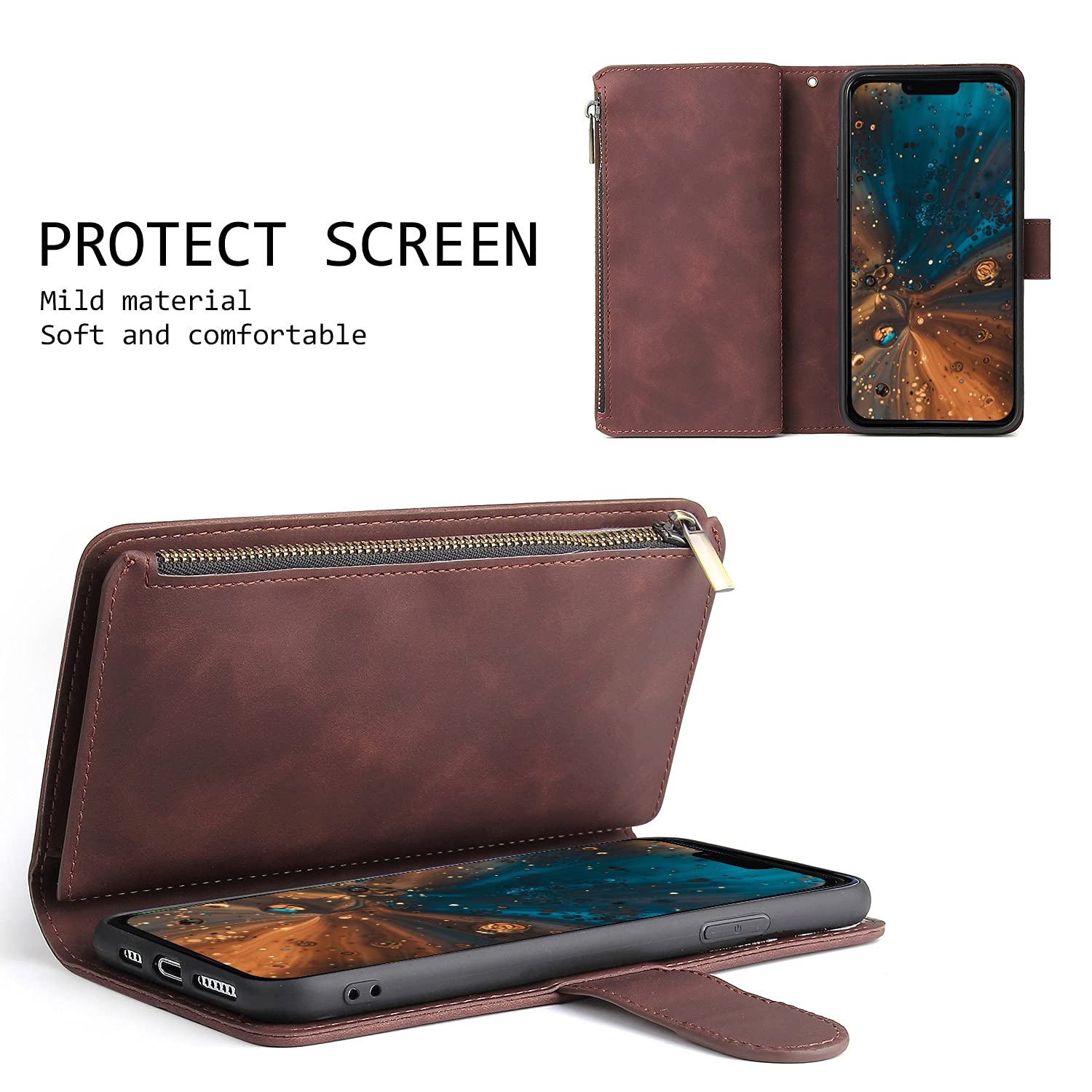 **Magnetic Leather Wallet Case for iPhone 13 Pro Max – 6 Card Holder, Hand Strap, Zipper Pocket, Stand & Shockproof Cover – Stylish & Protective for Women & Men (Coffee) – Perfect for Travel, Work & Daily Use**