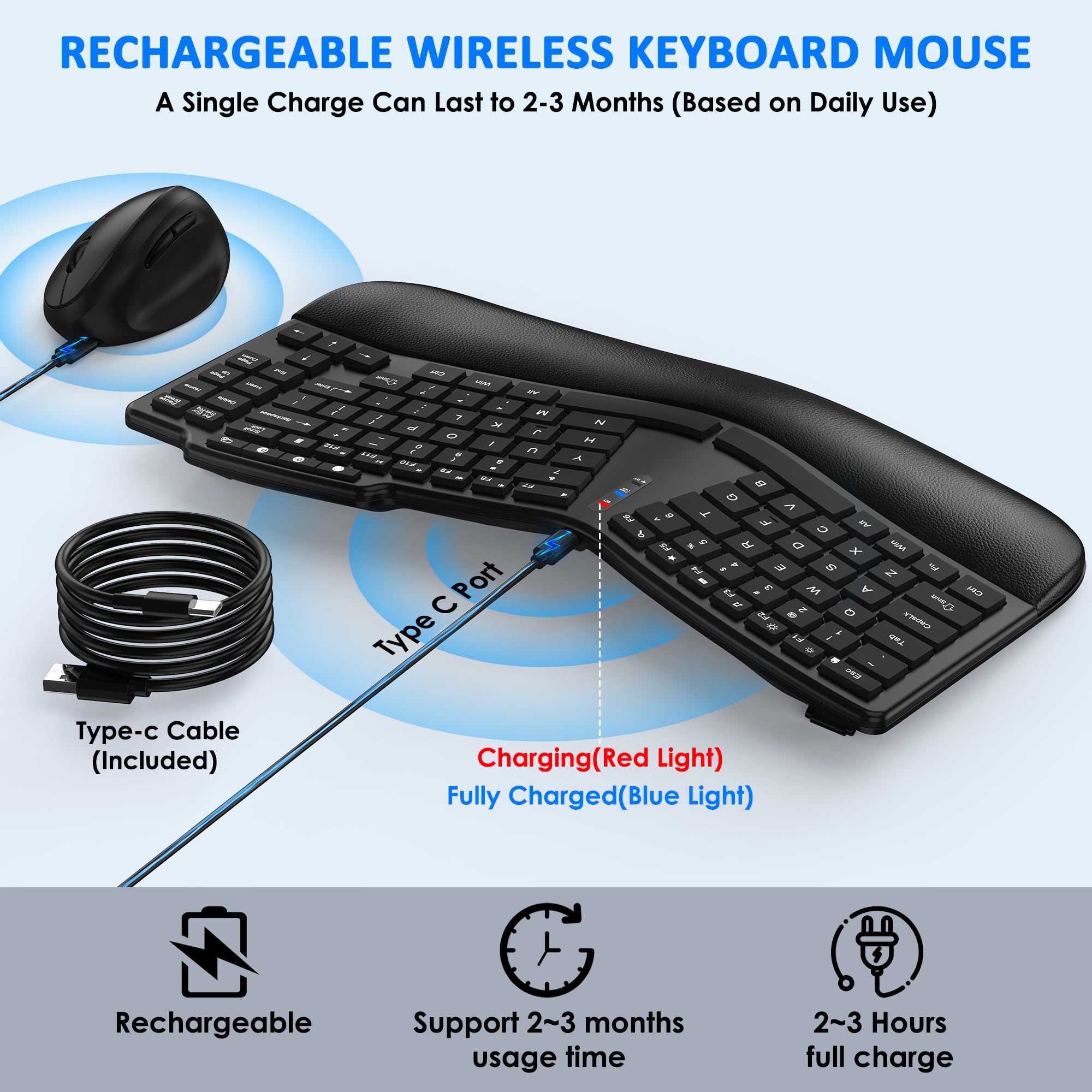 Ergonomic Wireless Keyboard and Mouse Combo - Bluetooth/2.4G Split Design with Palm Rest | 3-Level DPI Adjustable Vertical Mouse | Rechargeable for Windows & Mac | Perfect for Office, Gaming & Home Use