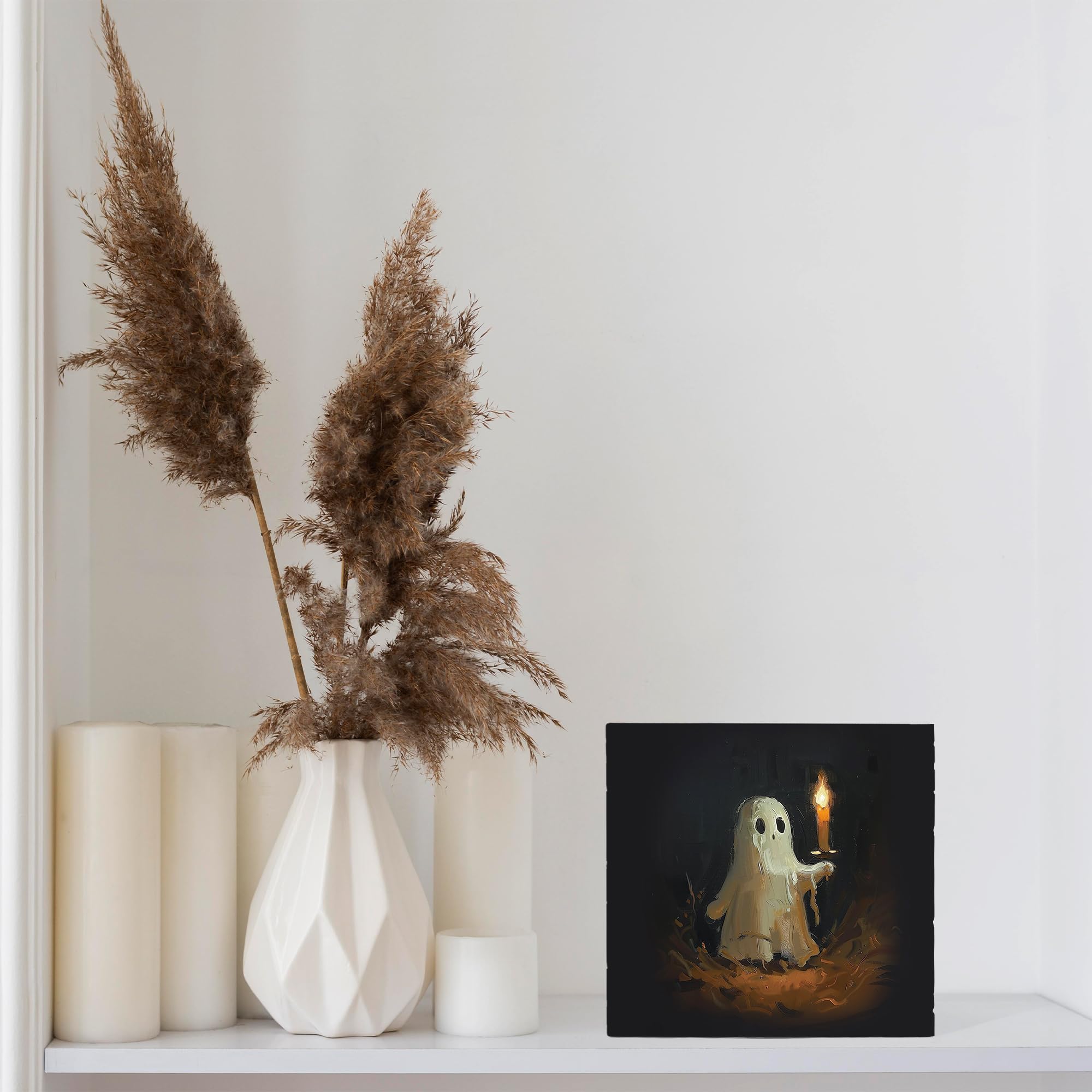 Spooky Ghost Holding Candle Wooden Box Sign - 5x5 Inch Halloween Decor for Table, Desk & Shelf - Gothic Home Decor for Halloween Party & Haunted House Theme