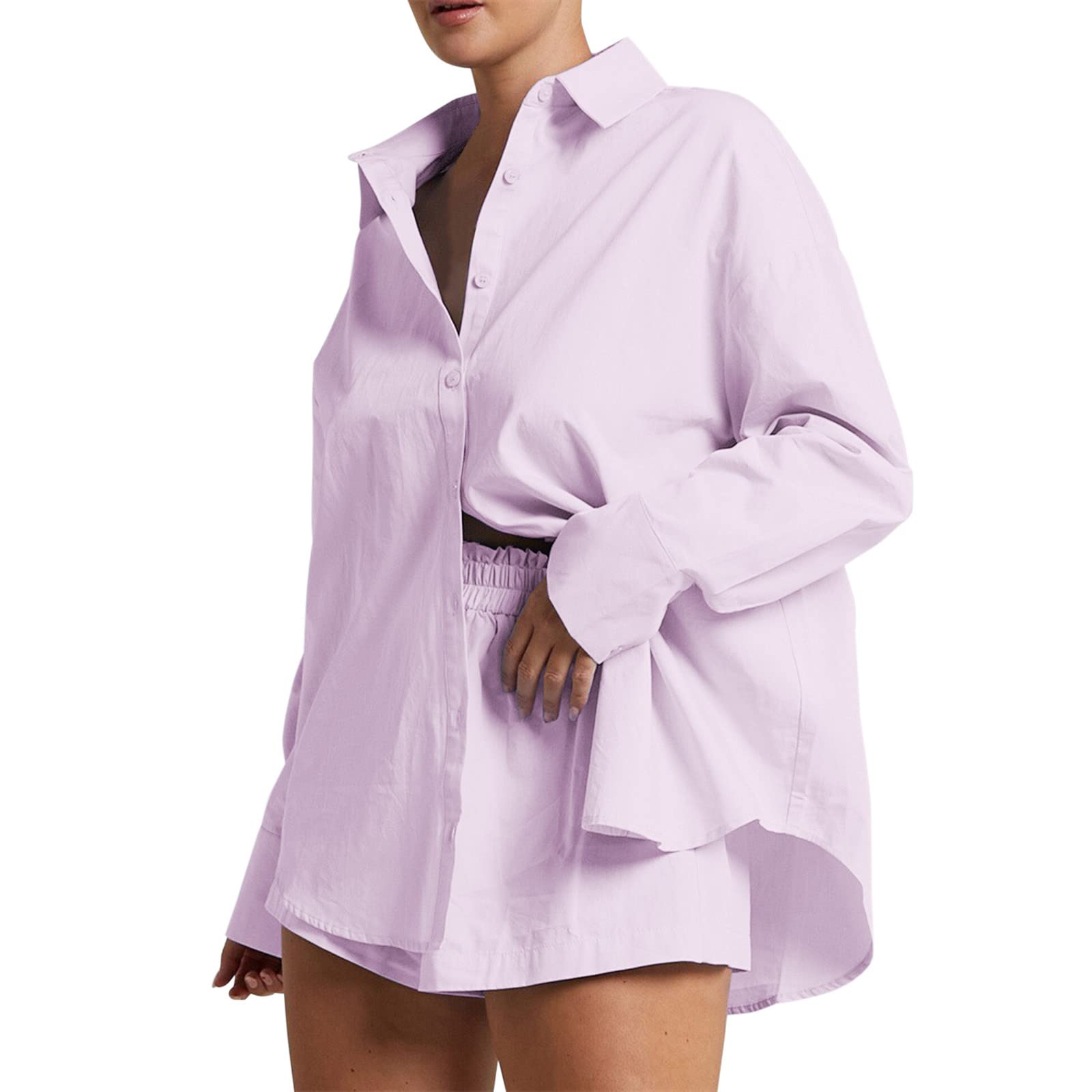iOPQO Women's 2 Piece Lounge Tracksuit Outfit Set - High Low Shirt & Drawstring Casual Shorts - Comfortable Jogger Set for Home, Yoga, Travel (Purple, Size S)