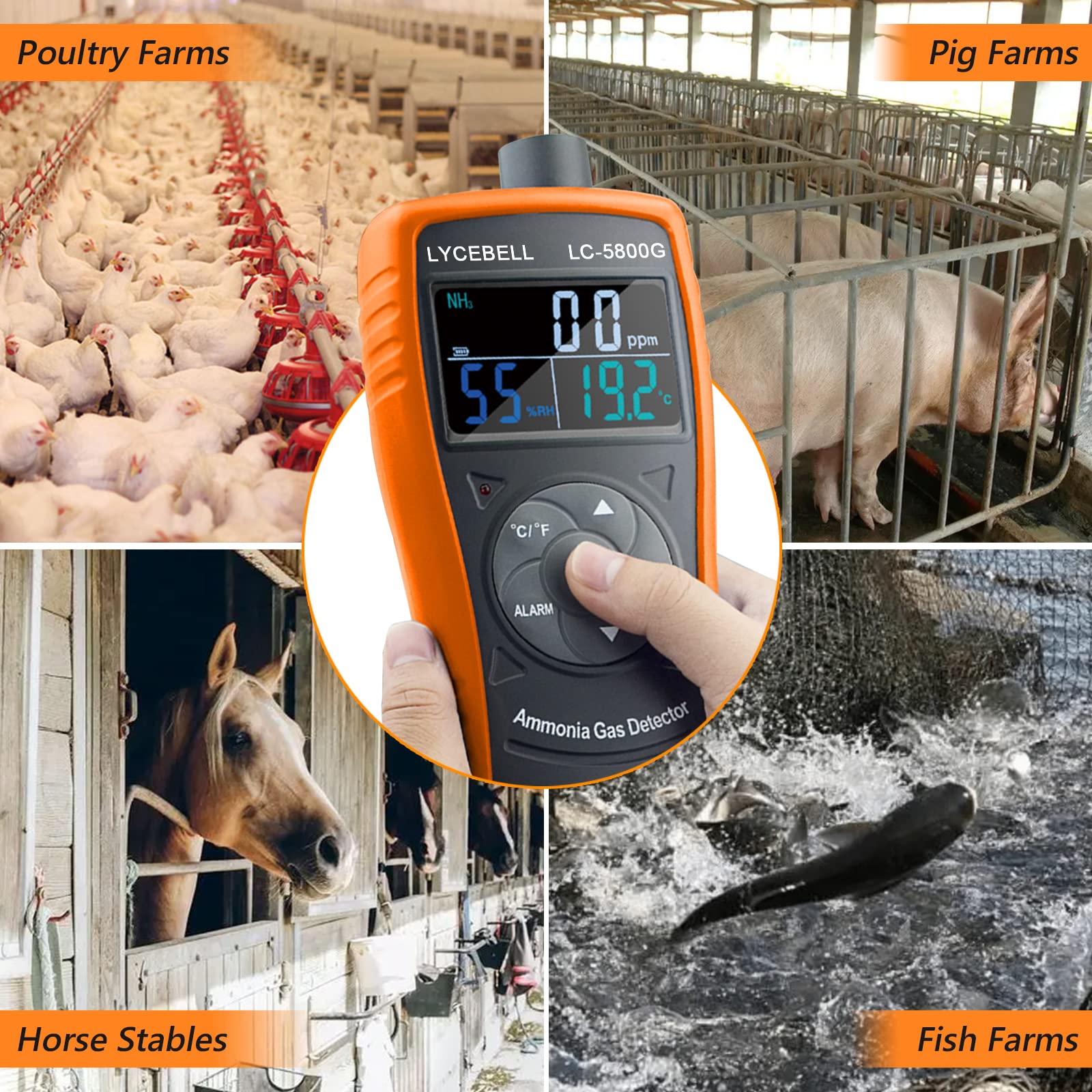 LC-5800G Professional Ammonia Gas Detector | 0-100 PPM NH3 Monitor with Temperature (℉/℃) & Humidity Sensor | Portable Air Quality Meter for Poultry Farms, Livestock Barns & Agricultural Facilities