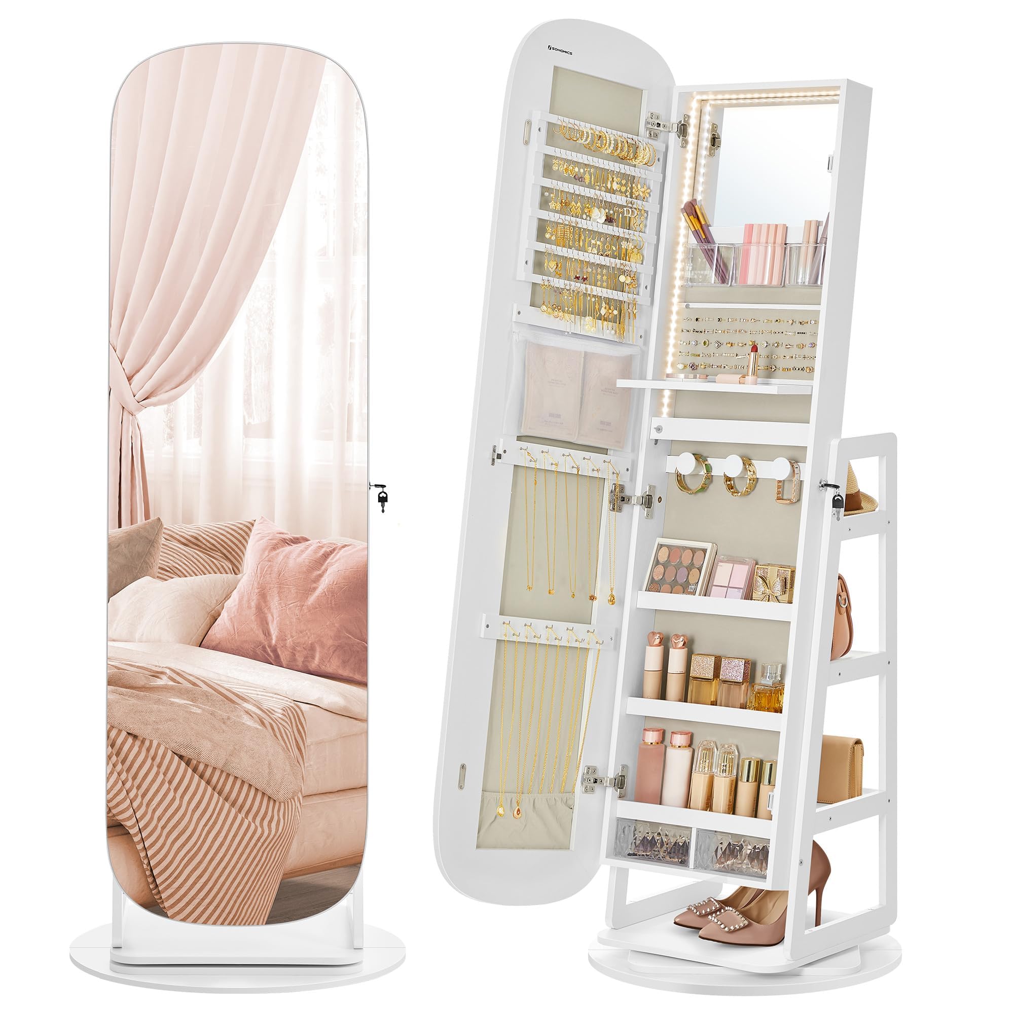 SONGMICS LED Jewelry Organizer Cabinet - 360° Swivel Standing Mirror with Lock, Full-Length Cloud White Jewelry Storage with Shelves & Interior Mirror | Perfect for Bedroom, Dressing Room & Closet Organization