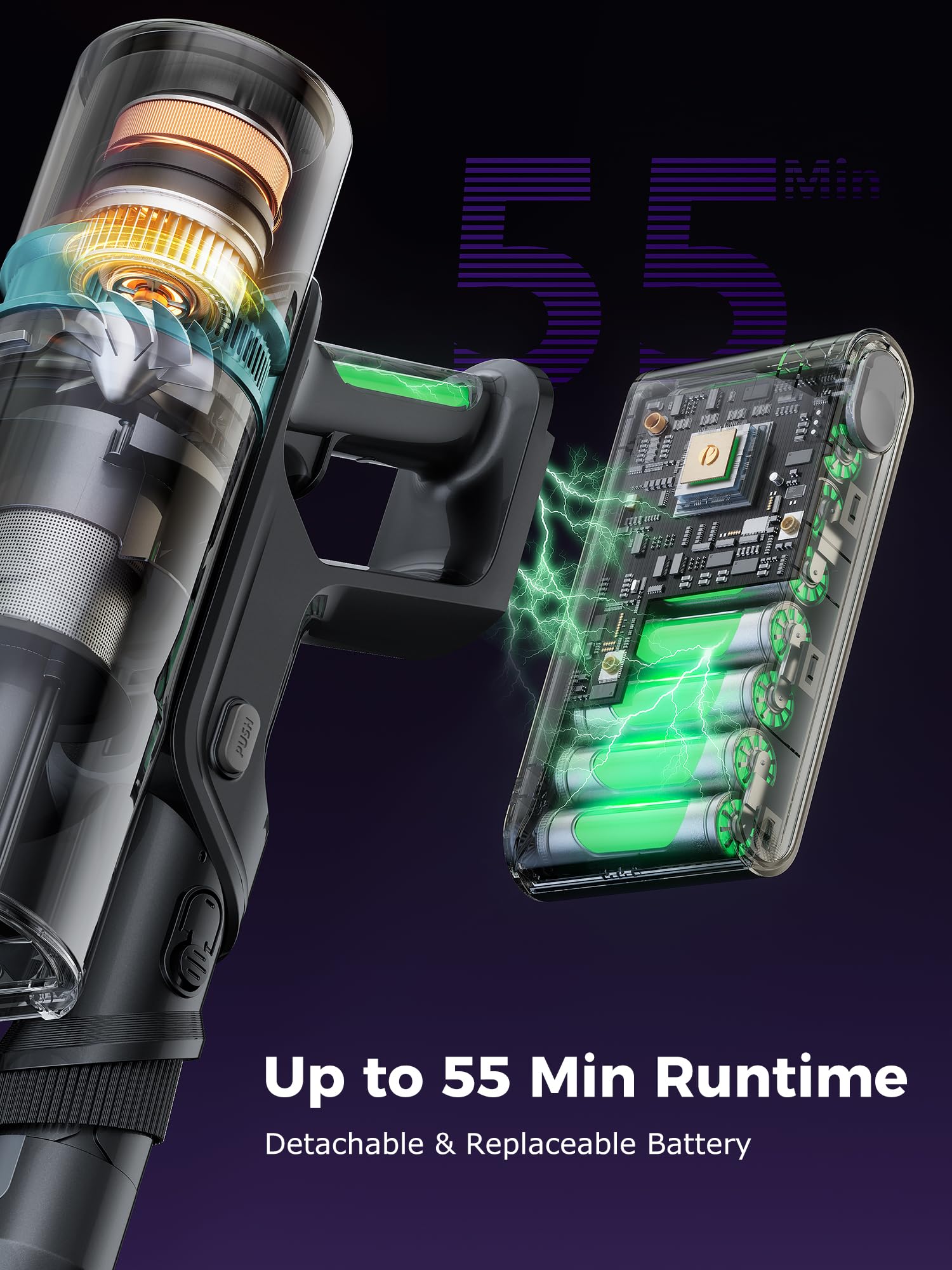 Proscenic P16 Cordless Stick Vacuum Cleaner - 550W 45KPA Powerful Suction, 55 Min Runtime, 180° Bendable Wand, Green LED & Tangle-Free Brush - Lightweight Rechargeable Vacuum for Home, Pet Hair (Grey) | Perfect for Hard Floors, Carpets & Pet Owners