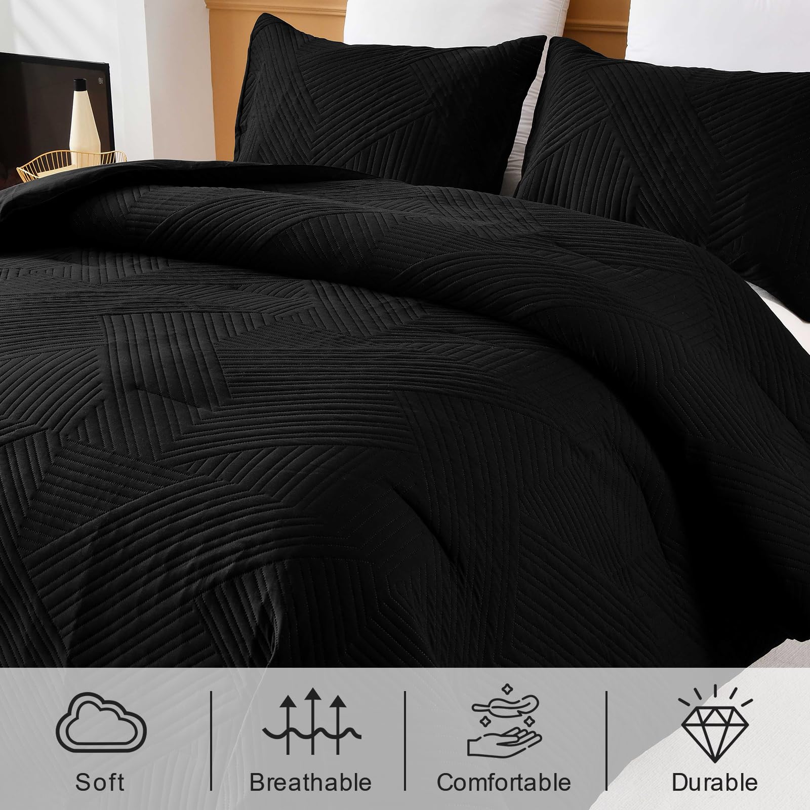 WONGS BEDDING Black Comforter Set Queen Size (90×90 Inches) - 3 Piece Reversible Soft Microfiber Boho Geometric Textured Bedding with 2 Pillowcases | Ultrasonic Quilted Design for Cozy Bedroom Decor & Guest Room Essentials