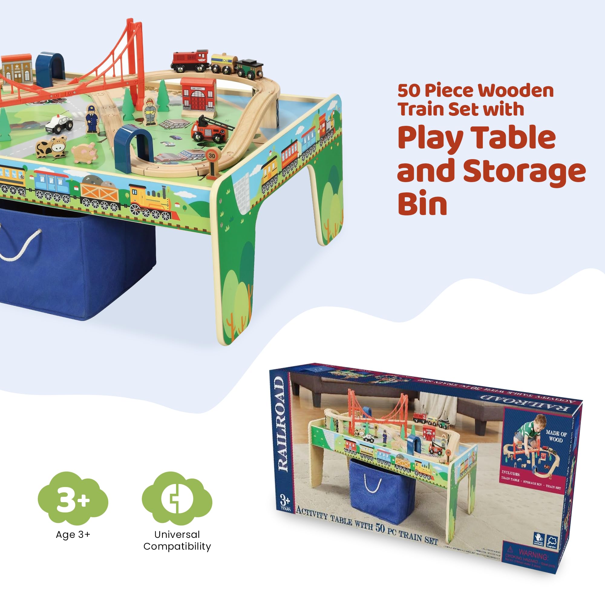 50-Piece Wooden Train Set with Activity Table & Storage Bin - 100% Hardwood Tracks, Engine, Oil Tanker, Caboose, Fire Truck, Train Station, Policeman & Farm Animals | Compatible with All Major Brands | Perfect for Kids' Playroom, Preschool Learning & Creative Imaginative Play
