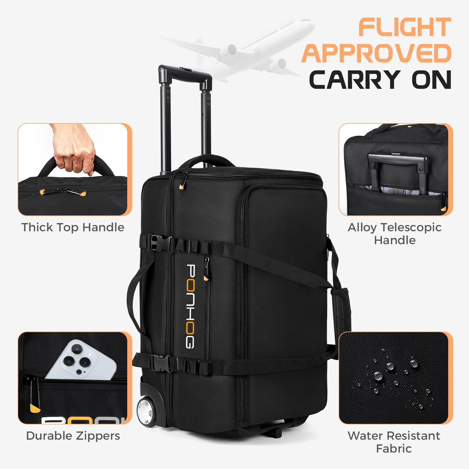 50L Large Rolling Duffle Bag with Wheels & Shoe Compartment - Water Resistant Wheeled Travel Duffel for Gym, Overnight Trips & Weekend Getaways - Perfect for Air Travel, Sports Equipment & Business Trips (Black)