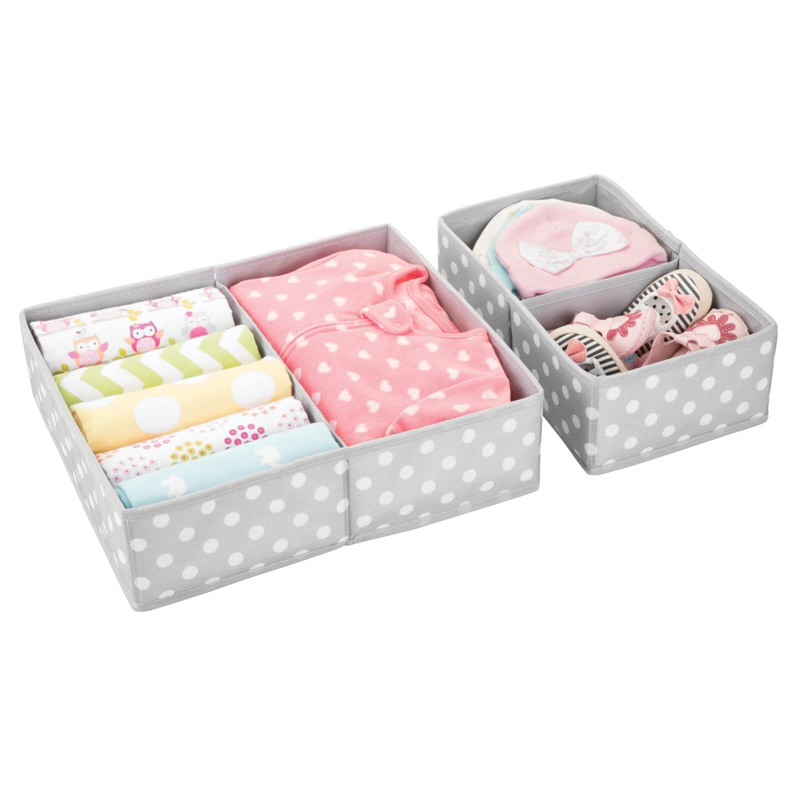 mDesign Fabric Drawer Storage Divider Organizer Bins - 2 Pack Gray/White Polka Dot for Nursery, Kids Bedroom, Dresser & Closet Organization | Perfect for Storing Clothes, Toys, Diapers & Playroom Essentials
