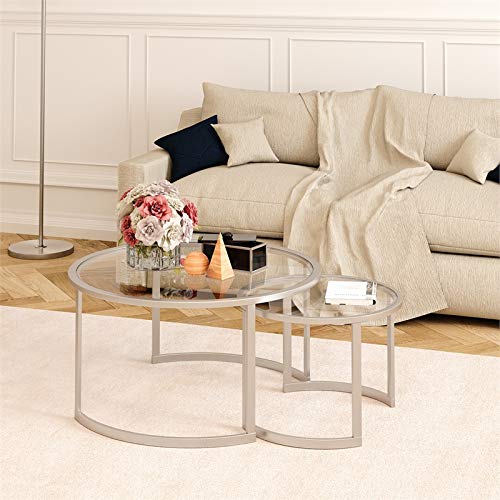 Modern Metal Two-Tier Glass Top Coffee Table in Nickel & Gray - Perfect for Living Room, Office, or Lounge Decor