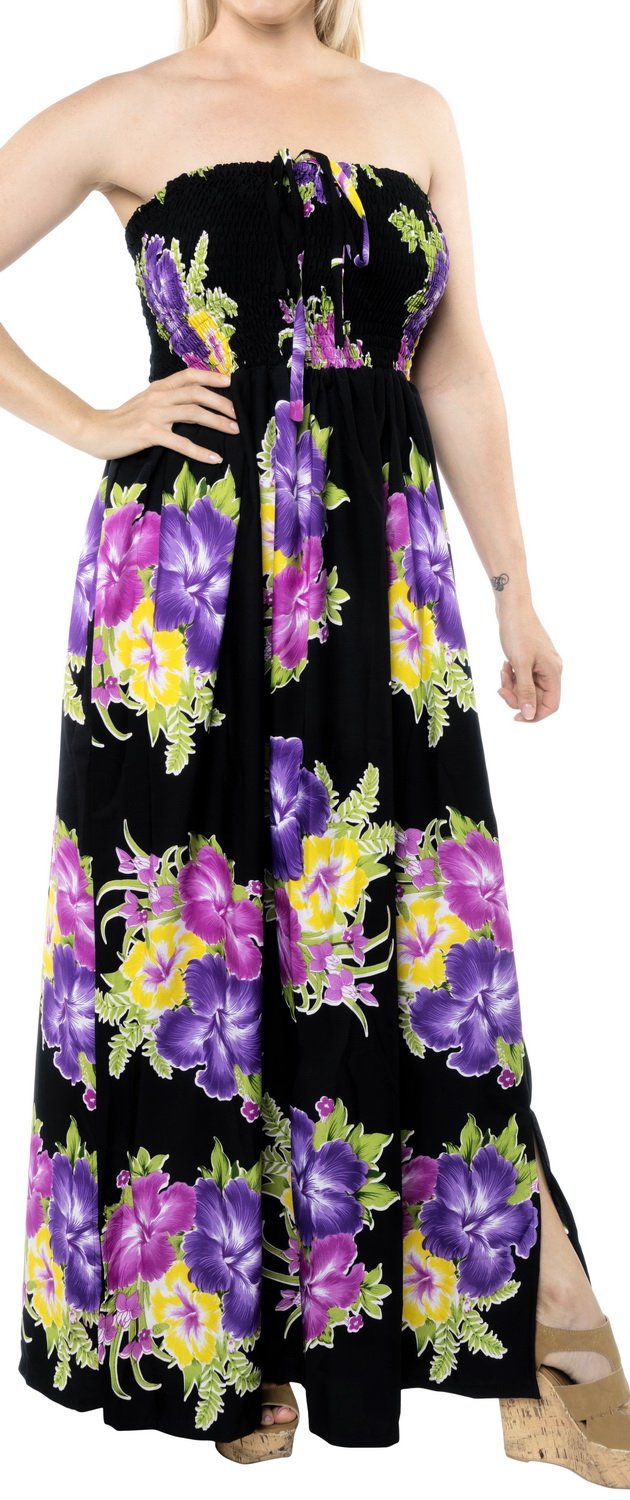 LA LEELA Women's Tube Dress - Flowy Maxi Boho Summer Dress with Side Slits, Beach Cover Up, Vacation Outfit for Pool Party & Tropical Getaway