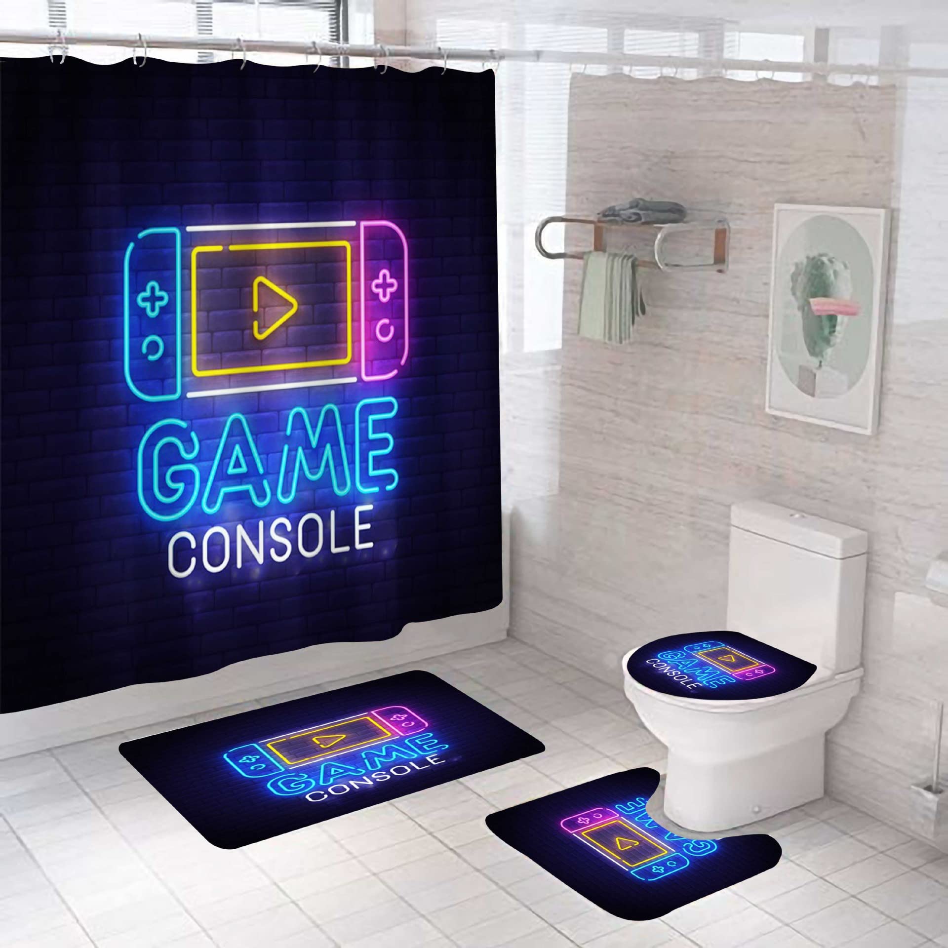 3D Printed Gamepad Shower Curtain Set with Matching Bath Mat - 4 Piece Video Game Themed Bathroom Decor - Perfect for Gamer Bathrooms & Game Room Decorations