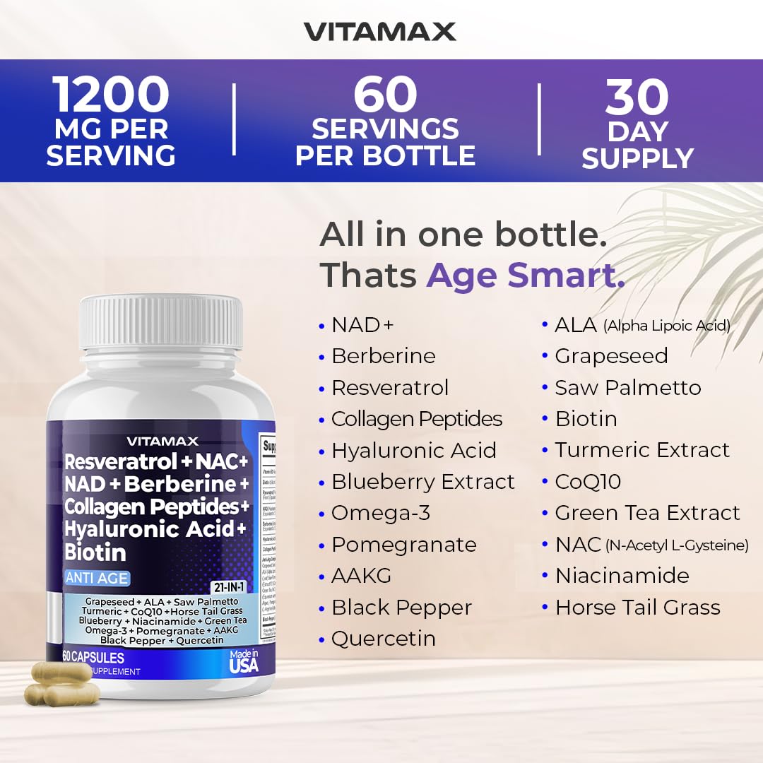 Premium Resveratrol NAD+ Berberine Supplement with Hyaluronic Acid, Biotin, Grape & Blueberry Extract + NAC - 21-in-1 Collagen Peptides Complex for Hair, Skin, Nail & Joint Support - Vegan Friendly Anti-Aging Formula for Women & Men - Made in USA (120 Capsules) - Perfect for Daily Wellness Routine & Active Lifestyle