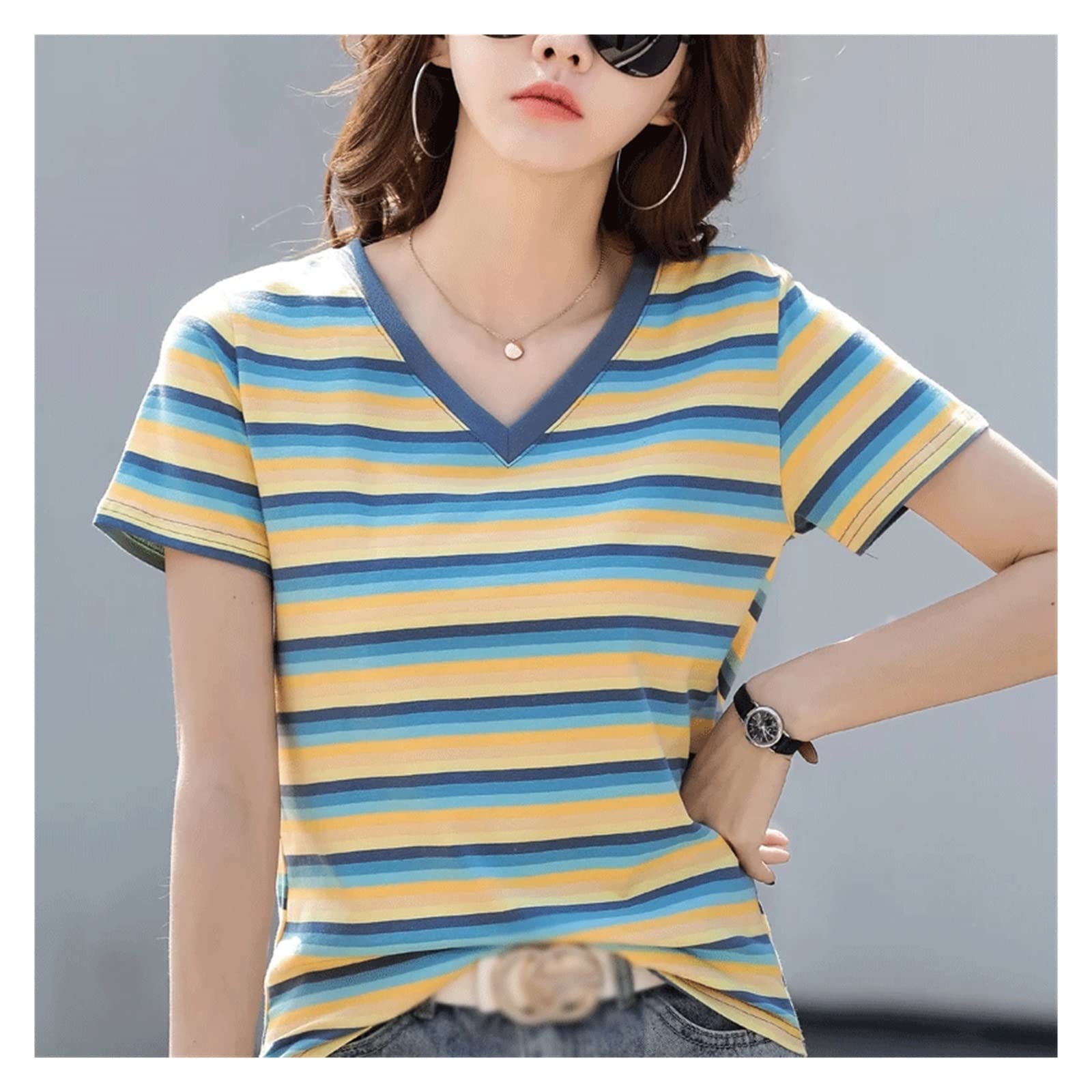 Summer Gradient Striped Cotton V-Neck T-Shirt for Women - Soft Basic Tee in Size L | Perfect for Casual Wear, Beach Outings & Summer Fashion
