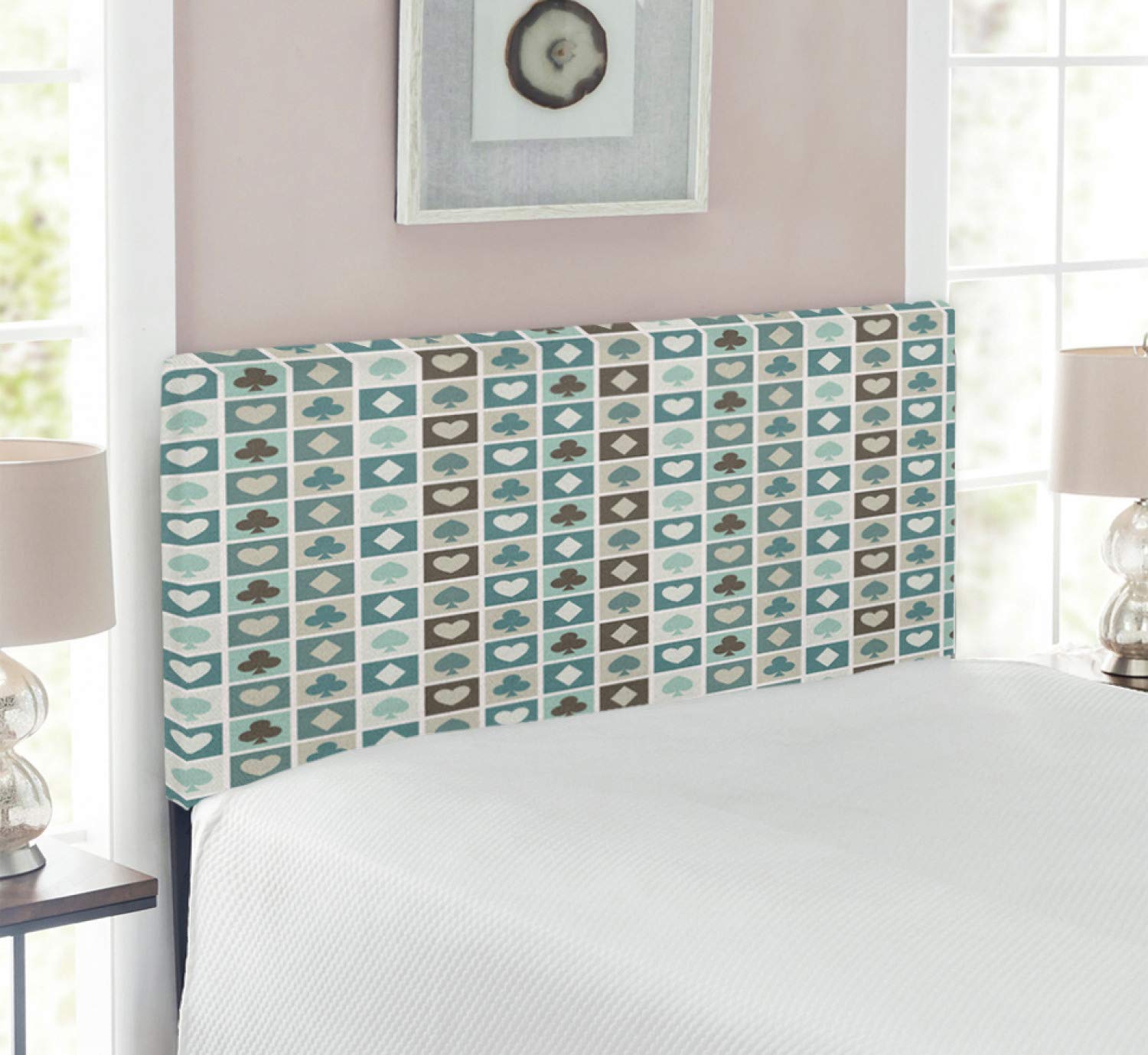 Ambesonne Casino Themed Headboard - Card Suits Hearts Spades Diamonds Clubs Gaming Pattern Upholstered Metal Bed Frame with Memory Foam - Twin Size Multicolor for Bedroom Decor & Casino Lovers