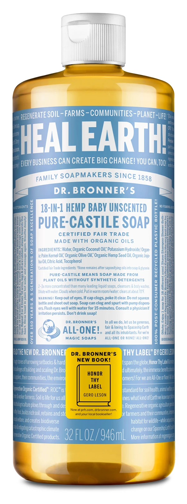 Dr. Bronners Pure Castile Liquid Soap - Unscented Baby Soap | Organic, Vegan & Gentle for Sensitive Skin | Perfect for Bath Time, Diaper Changes & Newborn Care