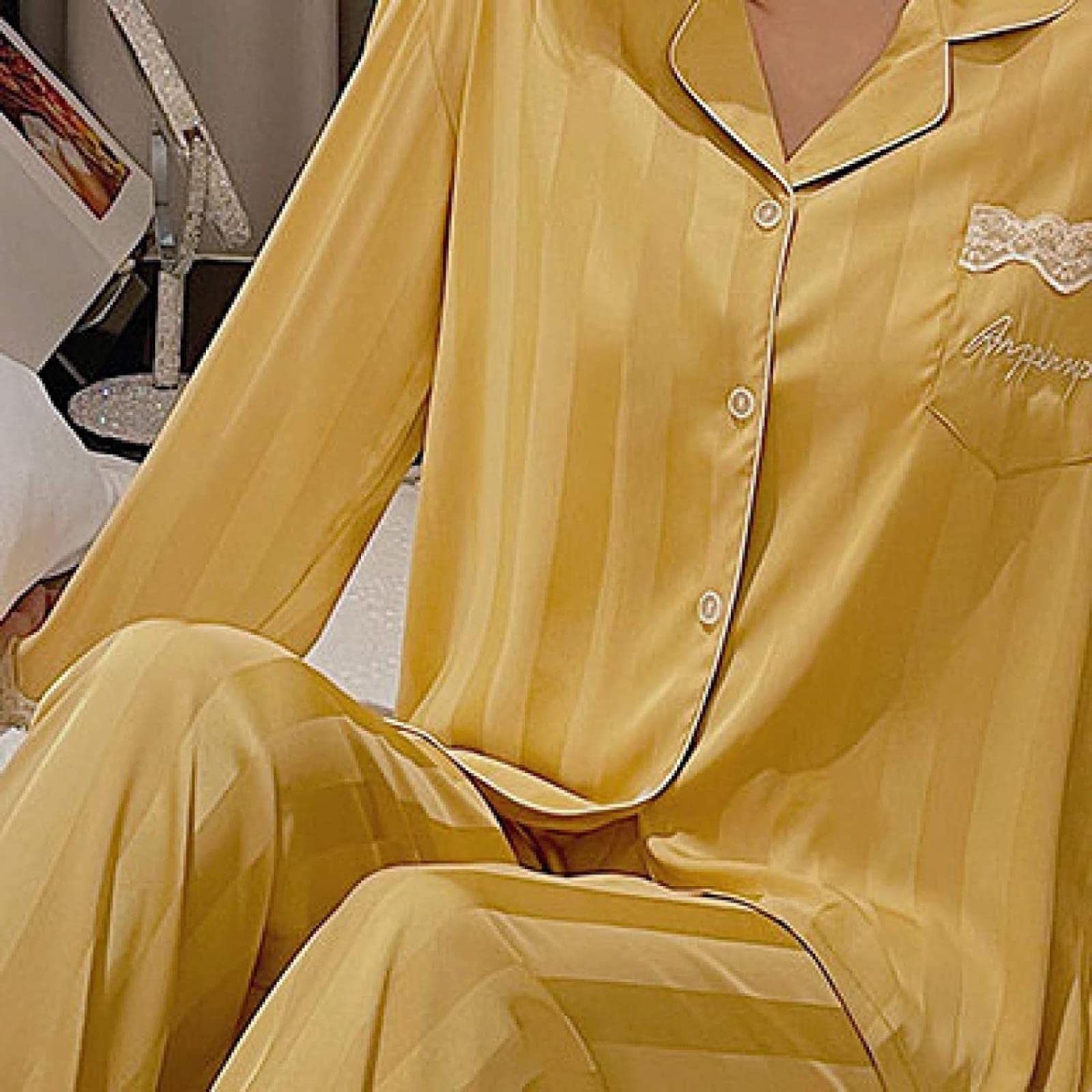 Women's Lace Silk Satin Pajama Set - 2-Piece Long Sleeve Comfortable Sleepwear Loose Fit Button Down PJs for Lounge & Bedtime | Perfect for Relaxing at Home, Gift Giving & Special Occasions