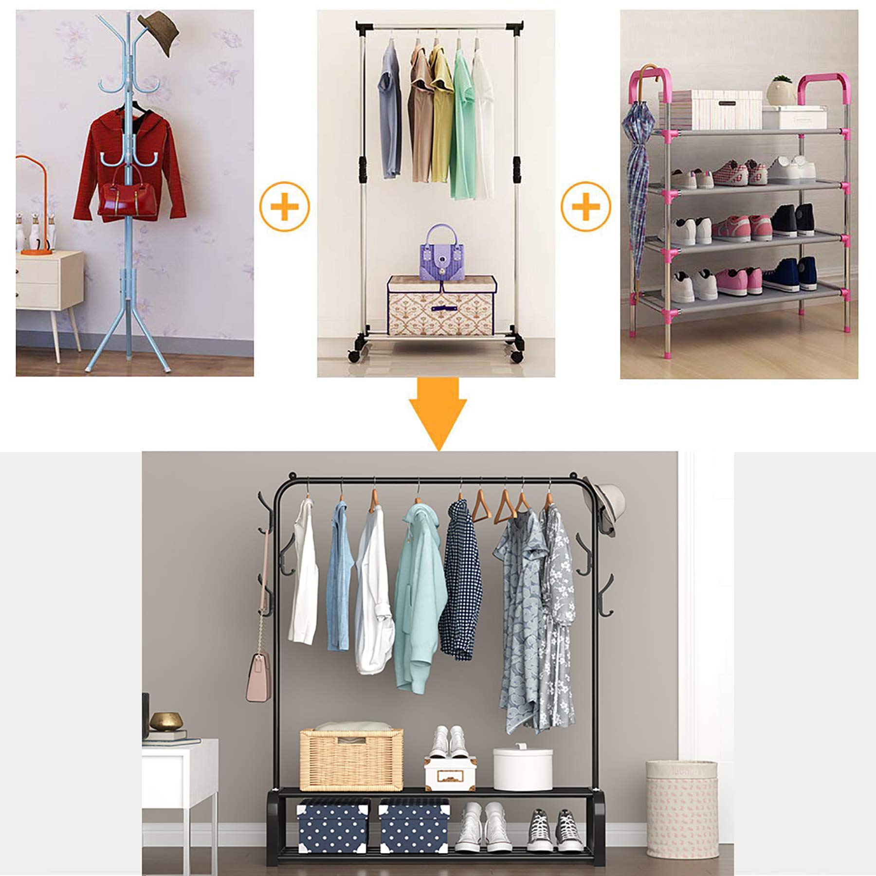 YAYI Freestanding Garment Rack with 2-Tier Storage Shelf & Side Hooks - Heavy Duty Clothes Hanger Organizer for Bedroom, Closet, Laundry Room - Perfect for Clothes Storage, Drying & Wardrobe Organization (Black)