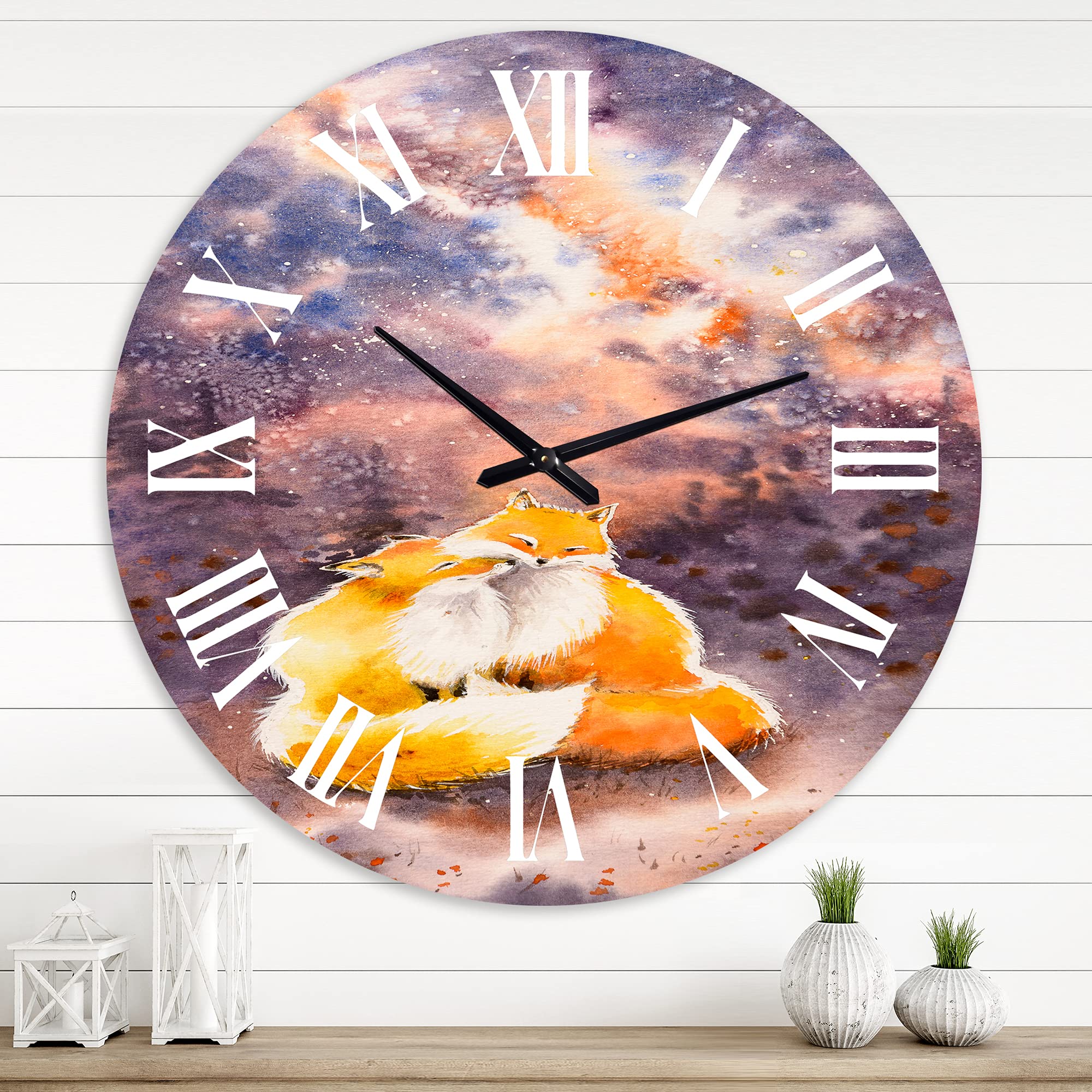 DesignQ Kids' Wall Clock - 'Hugging Foxes Under Night Sky' Animal-Themed Large Silent Non-Ticking Wall Clock for Nursery, Bedroom & Office Decor | Perfect Gift for Children's Room & Classroom