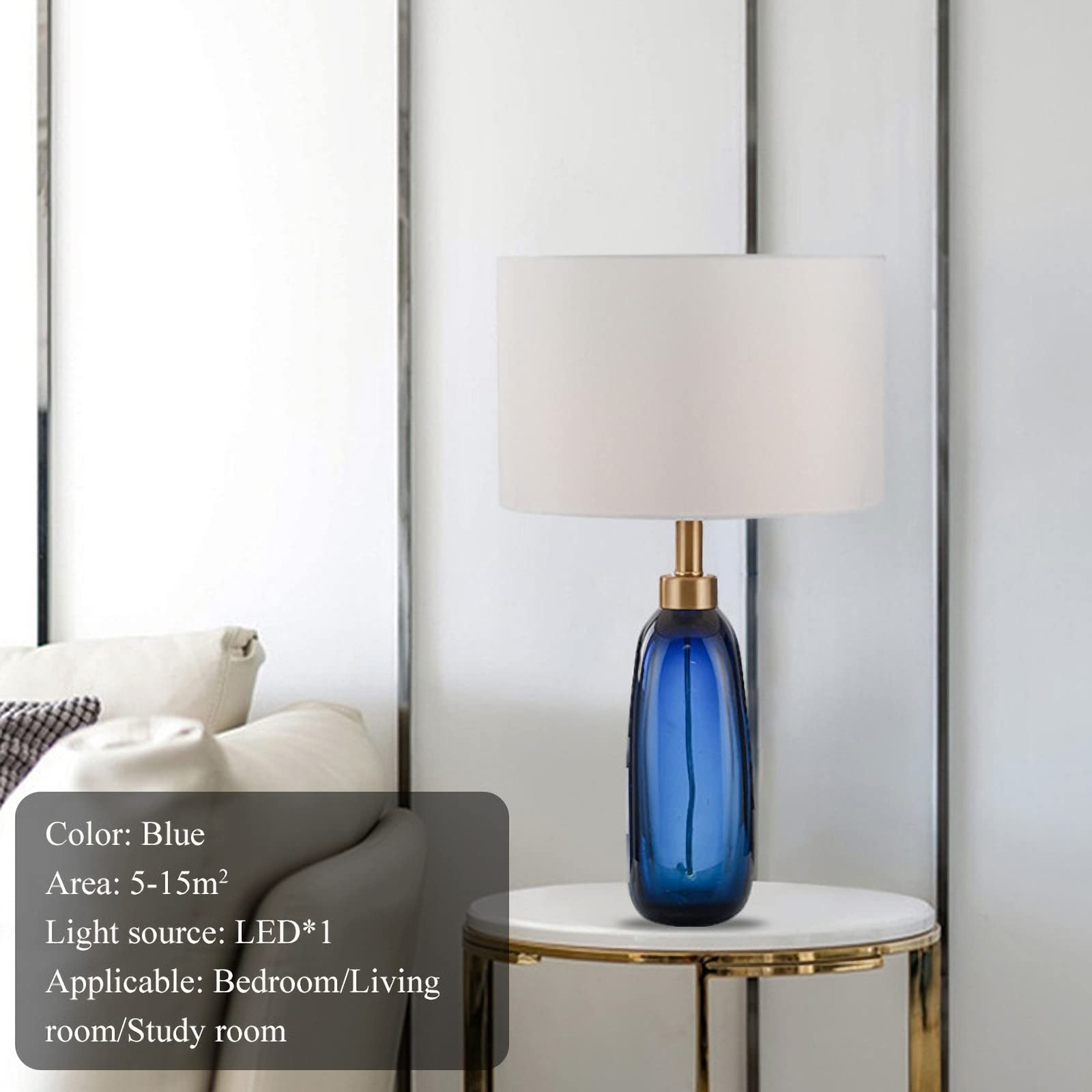 Nordic Blue Glass Desk Lamp - Modern Oval Deskside Lamp with White Fabric Shade, Nightstand Lighting for Living Room, Bedroom, Home Office & Entryway | Perfect for Reading, Working & Ambient Lighting