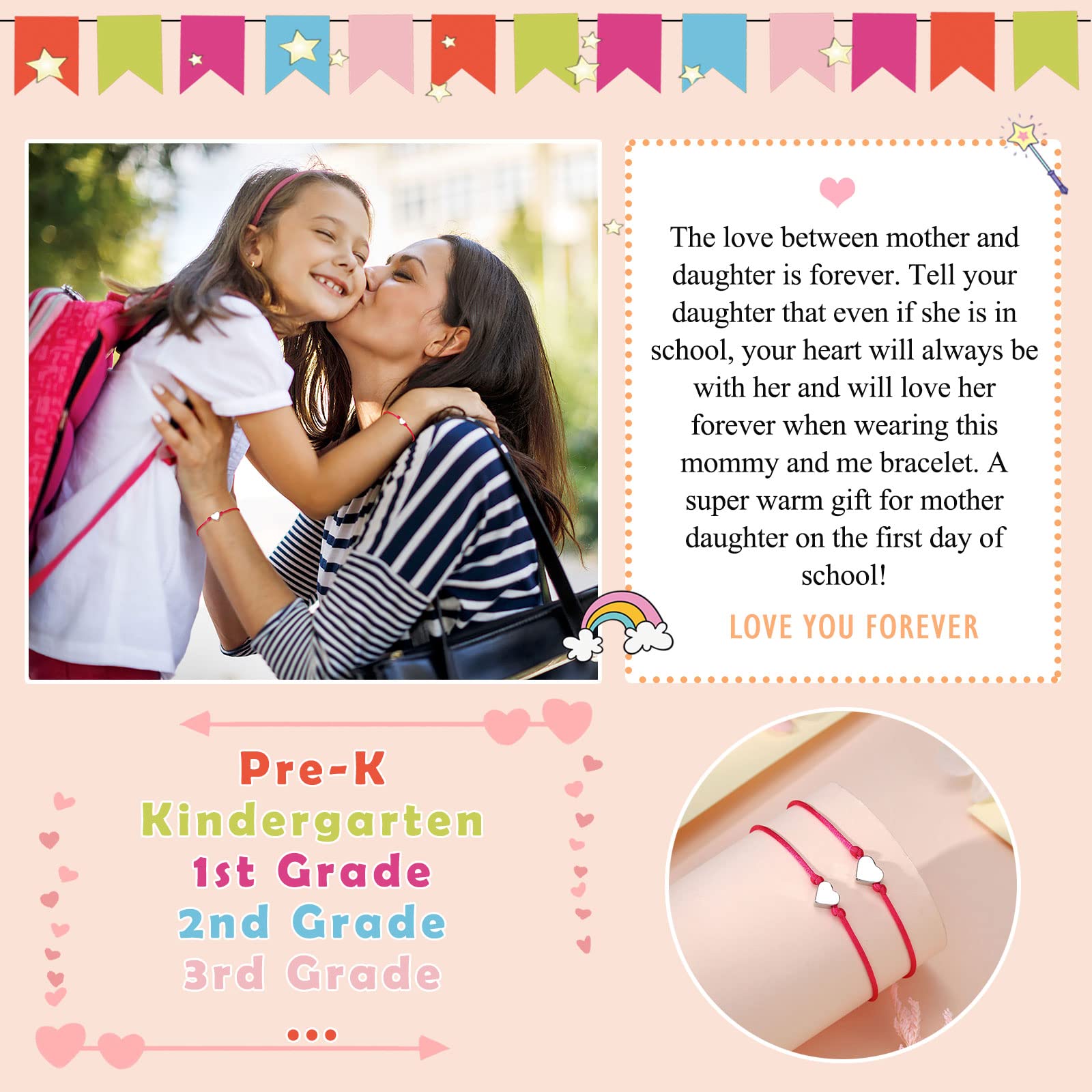 UNGENT THEM Mother Daughter Matching Bracelets Set - Heart Charm Wish Bracelets for Back to School, First Day Gifts for Girls & Boys | Perfect for School Photos, Graduation, and Family Bonding Moments