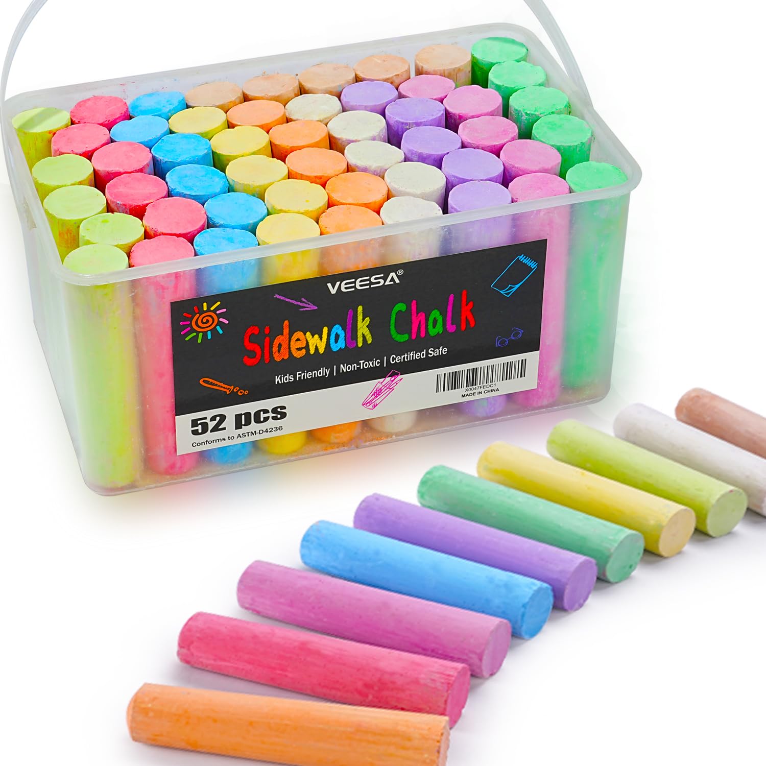 VEESA Jumbo Sidewalk Chalk Set - 52 Pieces in 10 Vibrant Colors (4” x 1”) | Washable Non-Toxic Driveway Chalk for Kids & Adults | Perfect for Chalkboards, Blackboards, Outdoor Playgrounds & Creative Sidewalk Art