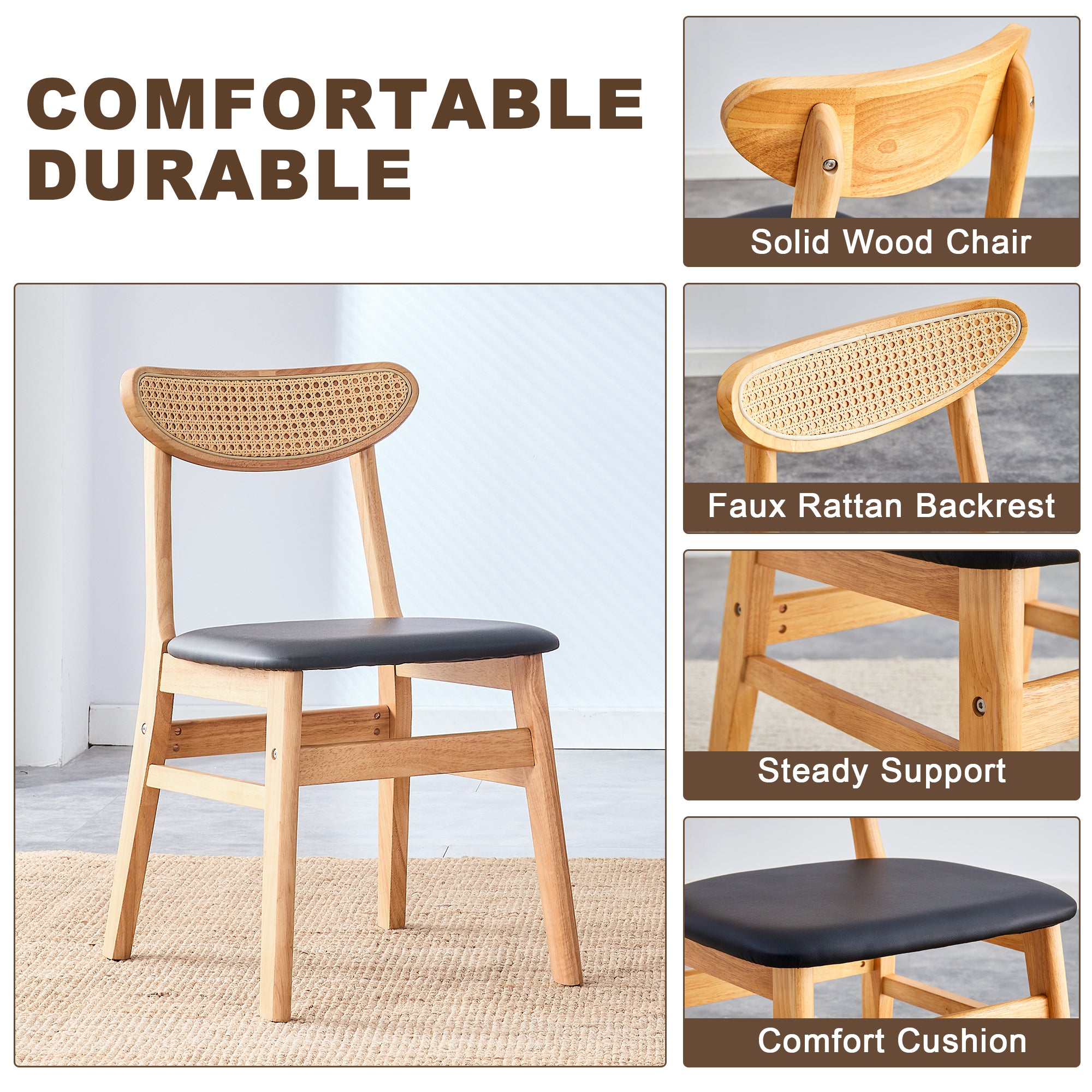 8-Piece Cozy Natural Rubberwood Dining Chair Set - Solid Wood & Rattan Style with Curved Back & PU Cushion - Perfect for Dining Room, Kitchen, Cafe & Home Decor