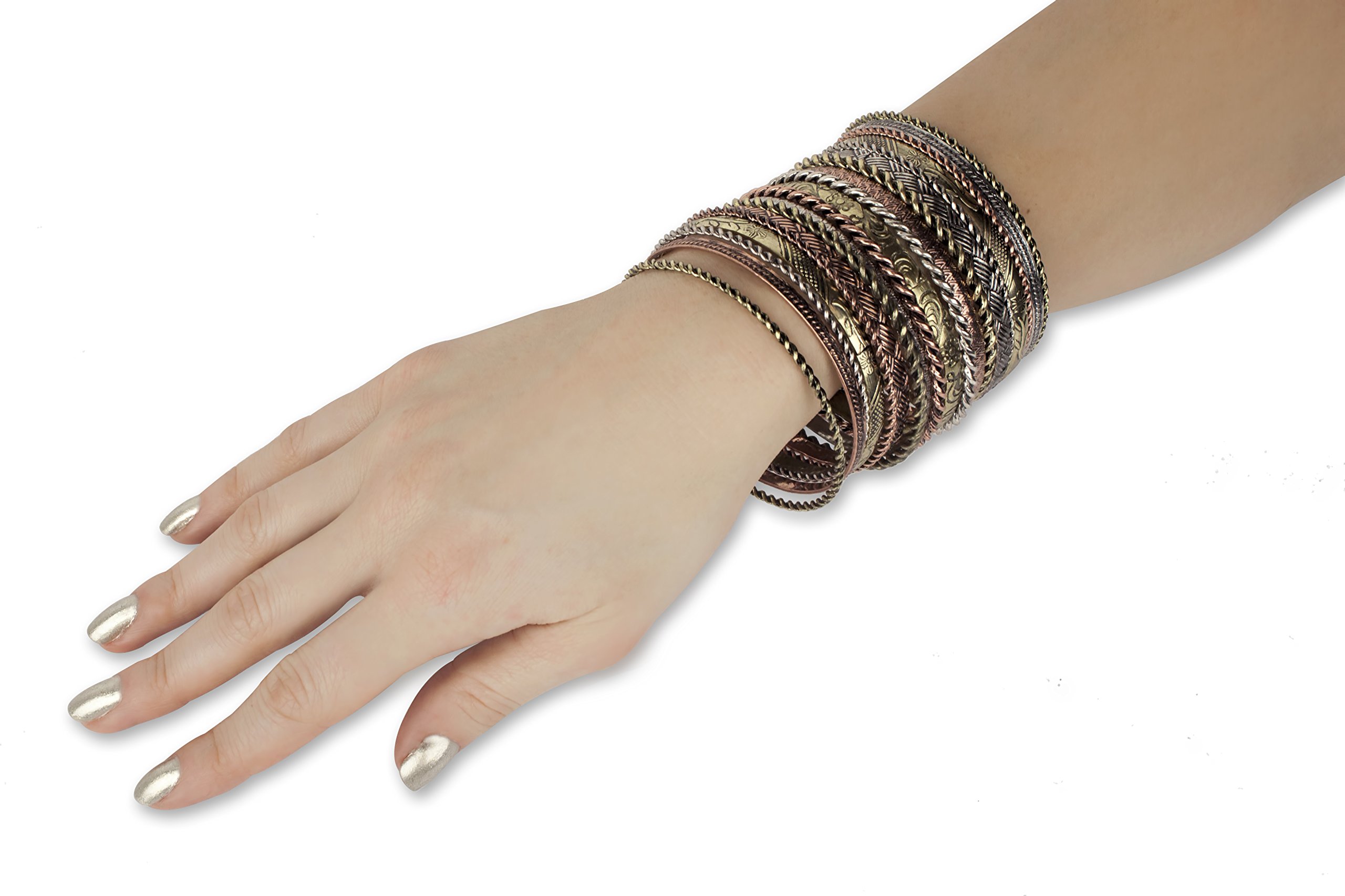 Luxury Flower Mixed Metal Aztec Multi Bangle Set - Boho Chic Bracelets for Women - Perfect for Festivals, Parties & Everyday Wear
