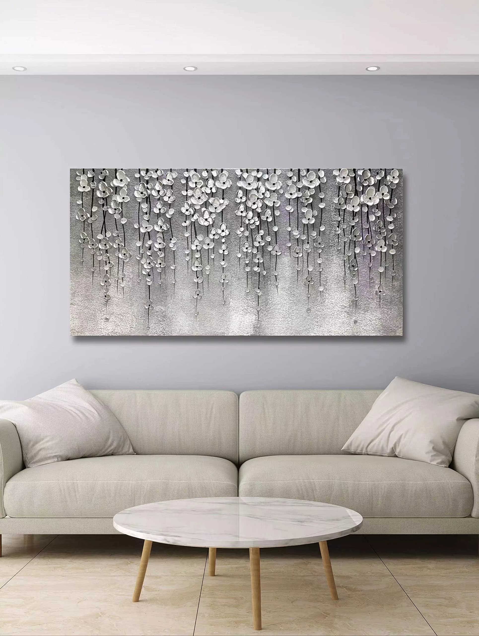 Yika Art 24x48 Inch Modern Abstract Oil Painting - Hand Painted Canvas Wall Art Decor for Living Room, Bedroom & Office - Silver Flower 3D Artwork (Grey) | Perfect for Home Decor, Housewarming Gifts & Interior Design